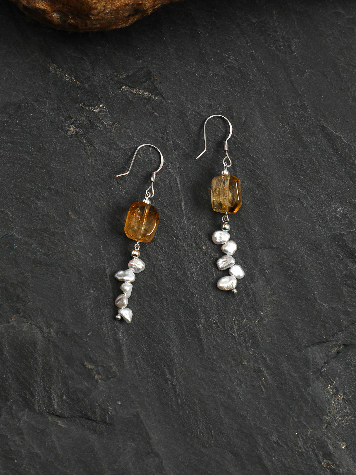 OME014 Citrine Keshi Pearl Dangle Earrings