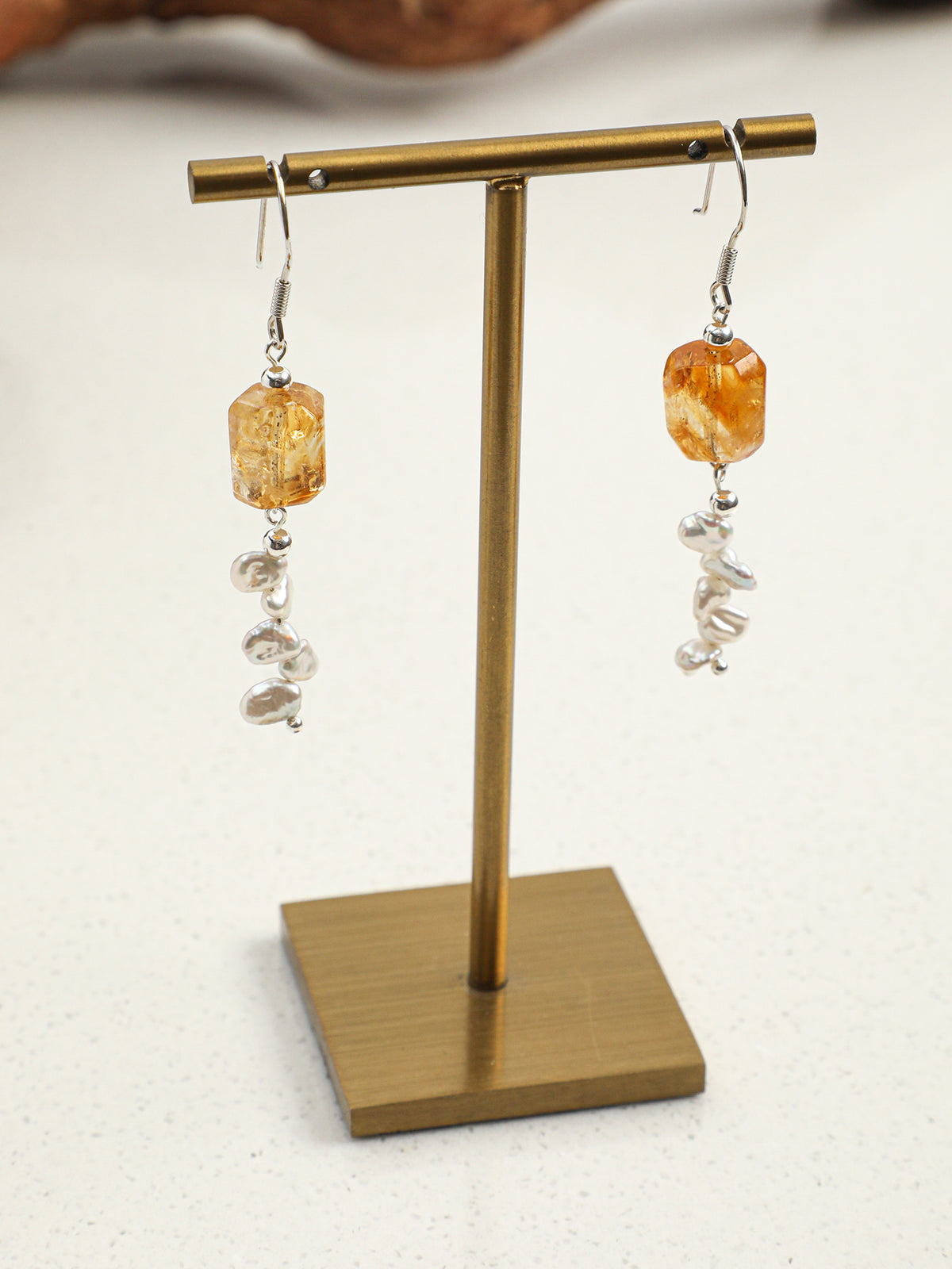 OME014 Citrine Keshi Pearl Dangle Earrings