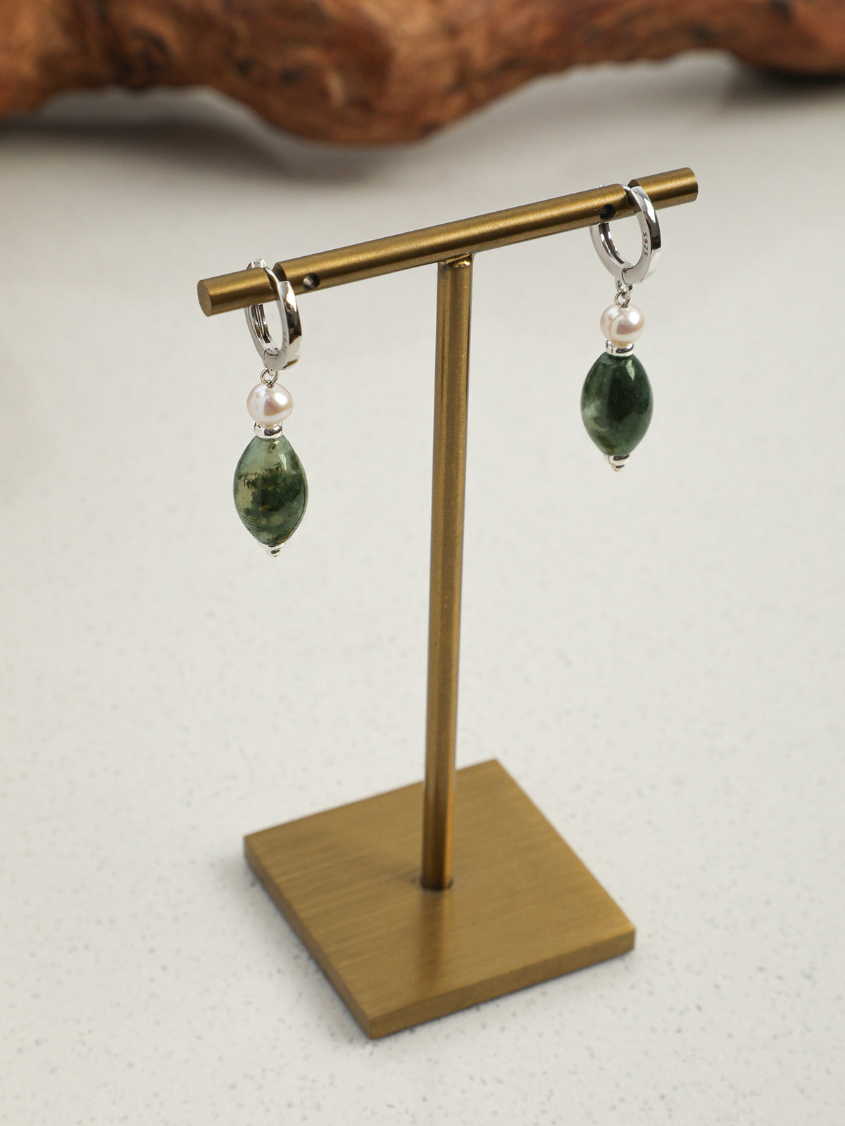 OME008 Moss Agate Pearl Huggie Earrings