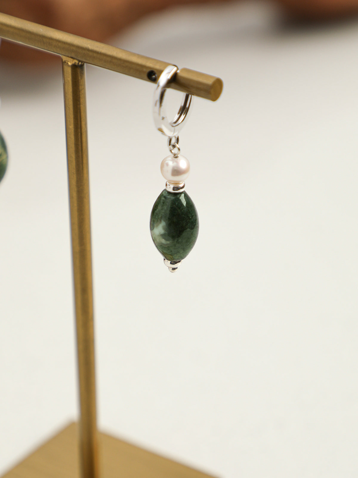 OME008 Moss Agate Pearl Huggie Earrings