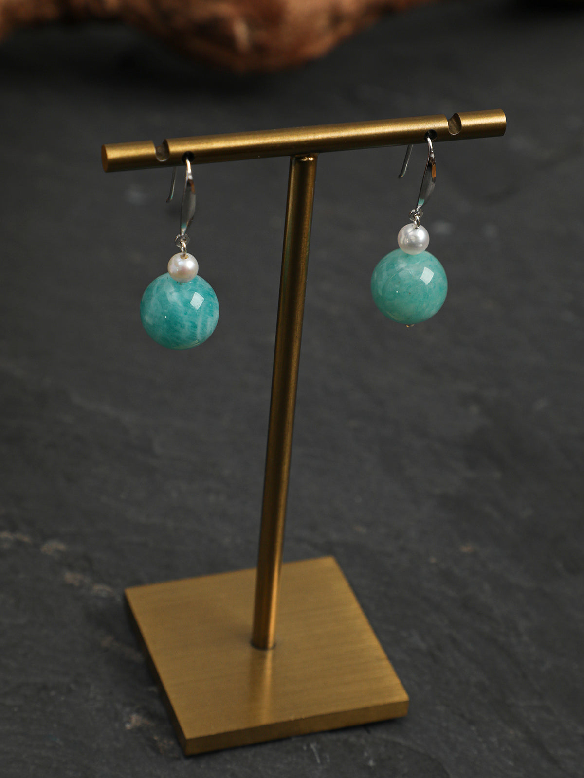 OME017 Green Amazonite Pearl Dangle Earrings