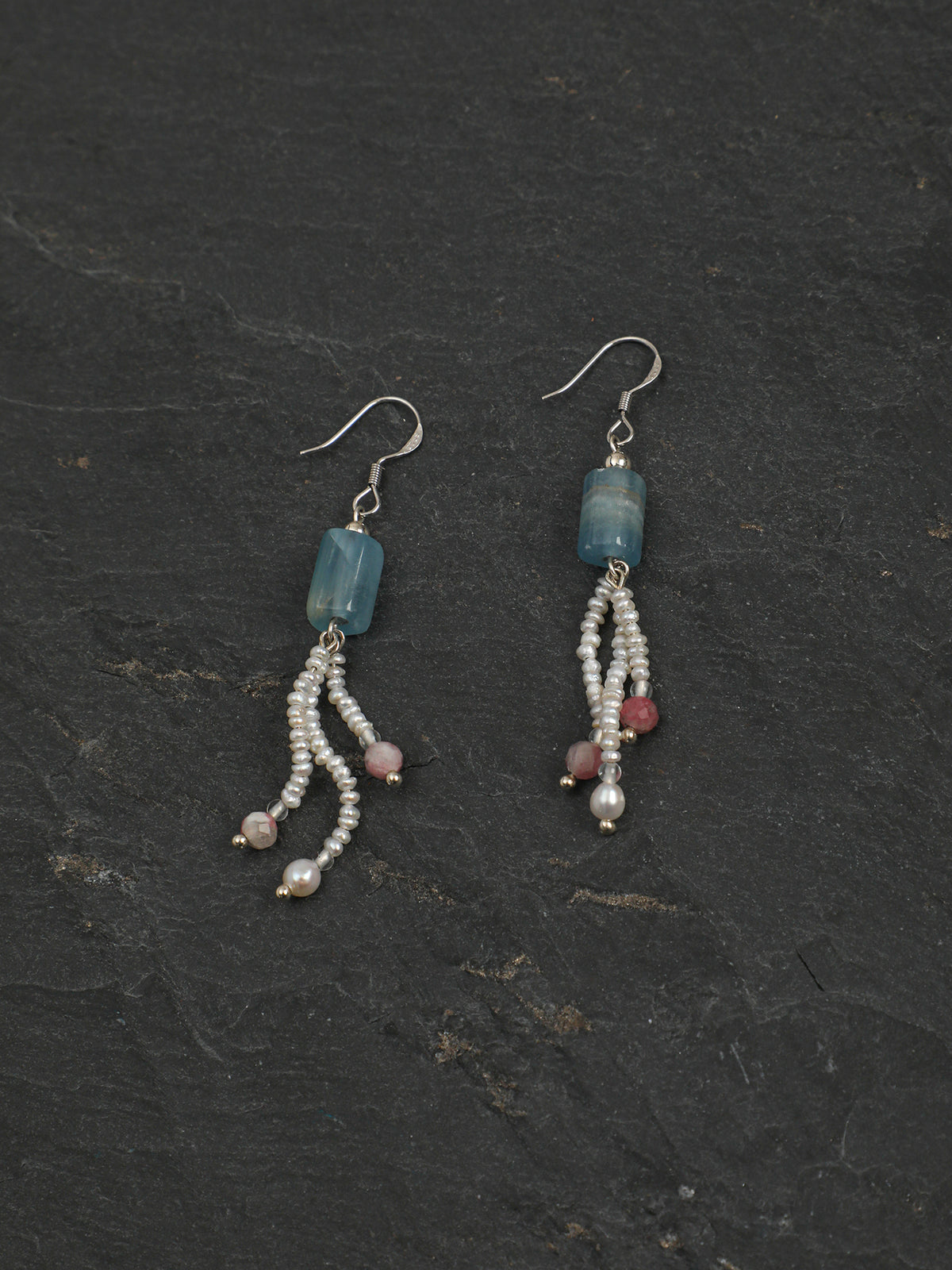OME016 Blue Onyx Pearl Tassel Dangle Earrings