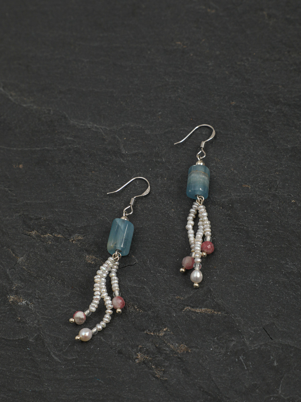 OME016 Blue Onyx Pearl Tassel Dangle Earrings
