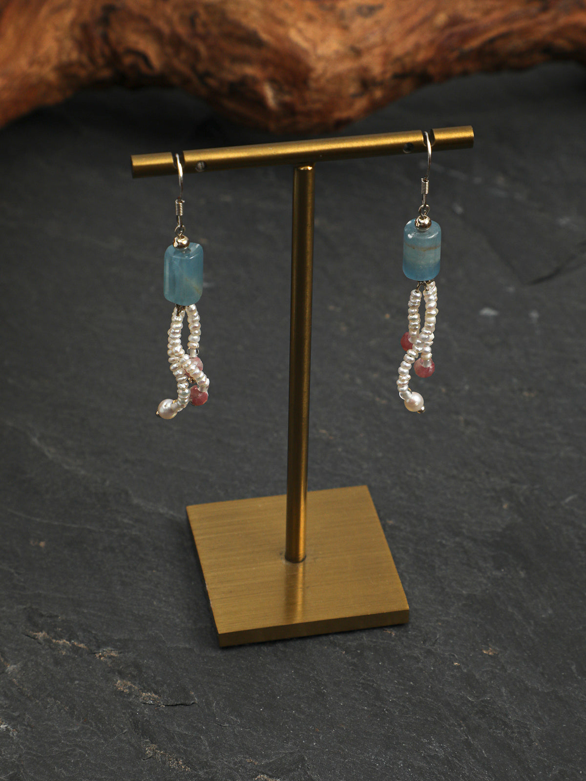 OME016 Blue Onyx Pearl Tassel Dangle Earrings