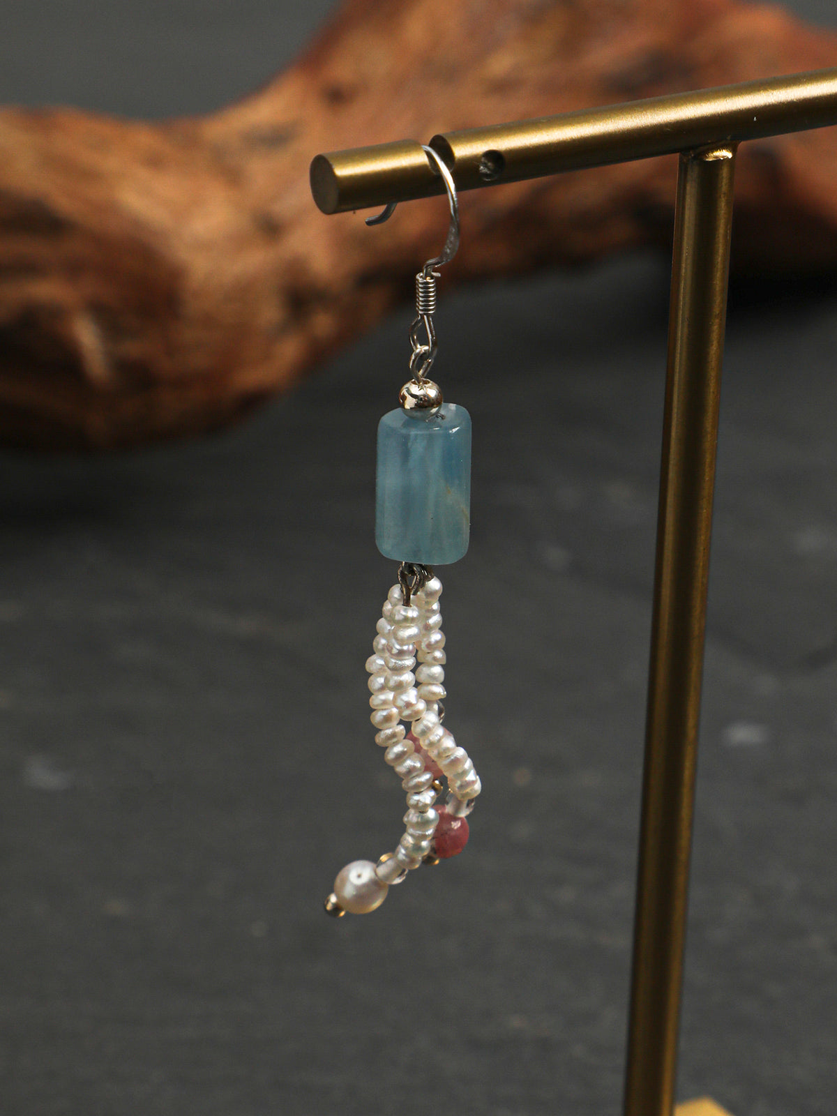 OME016 Blue Onyx Pearl Tassel Dangle Earrings