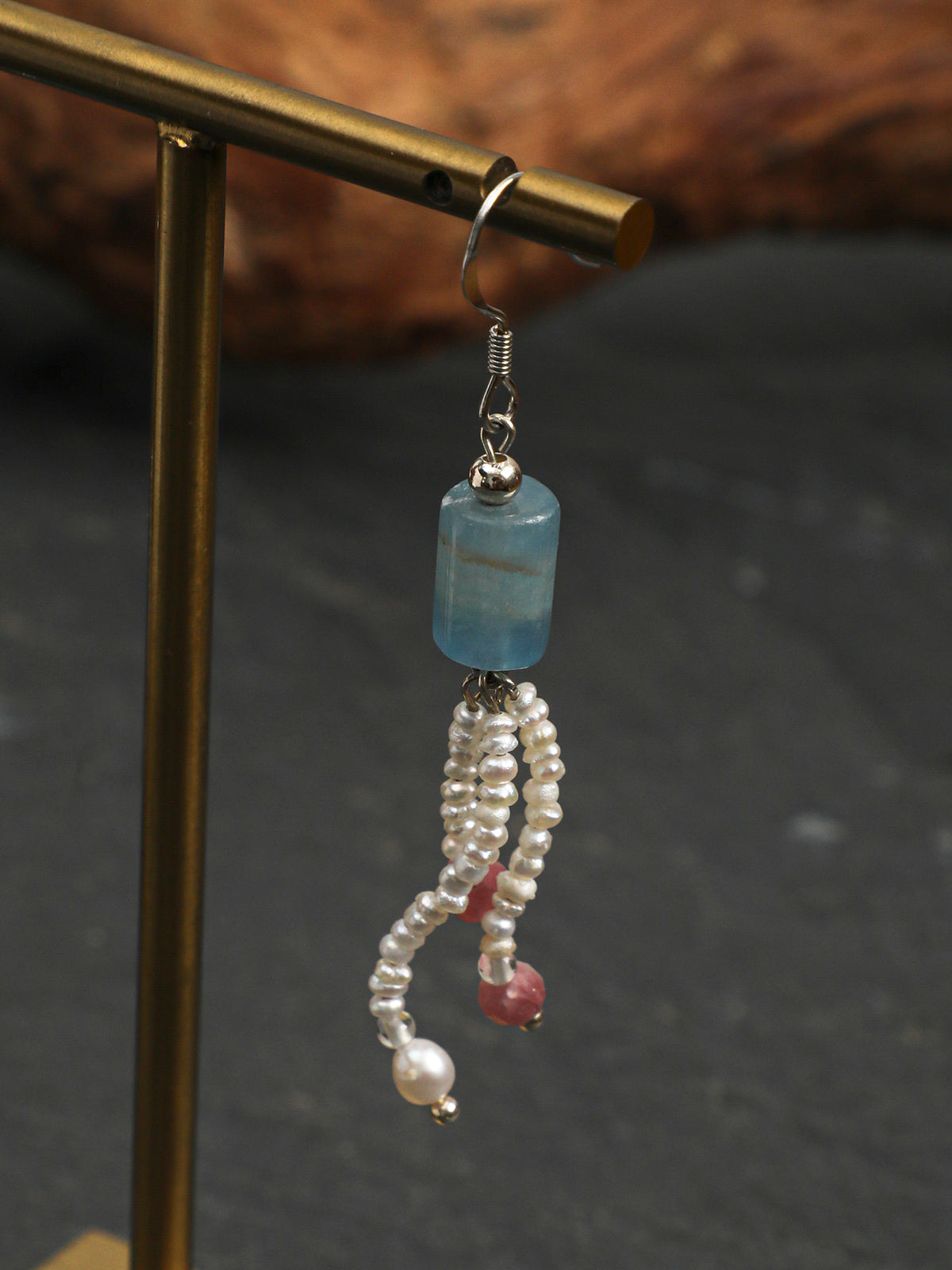 OME016 Blue Onyx Pearl Tassel Dangle Earrings