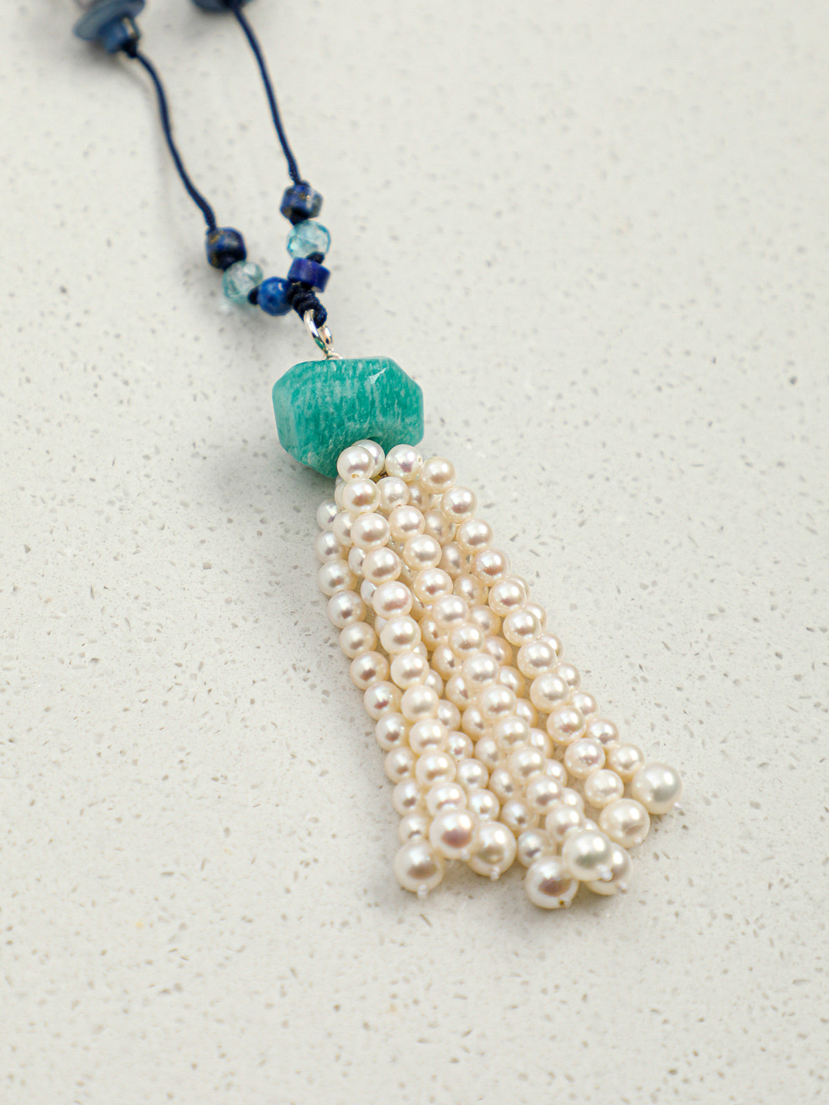 OMN013 Dark Blue Surge Pearl Tassel Necklace