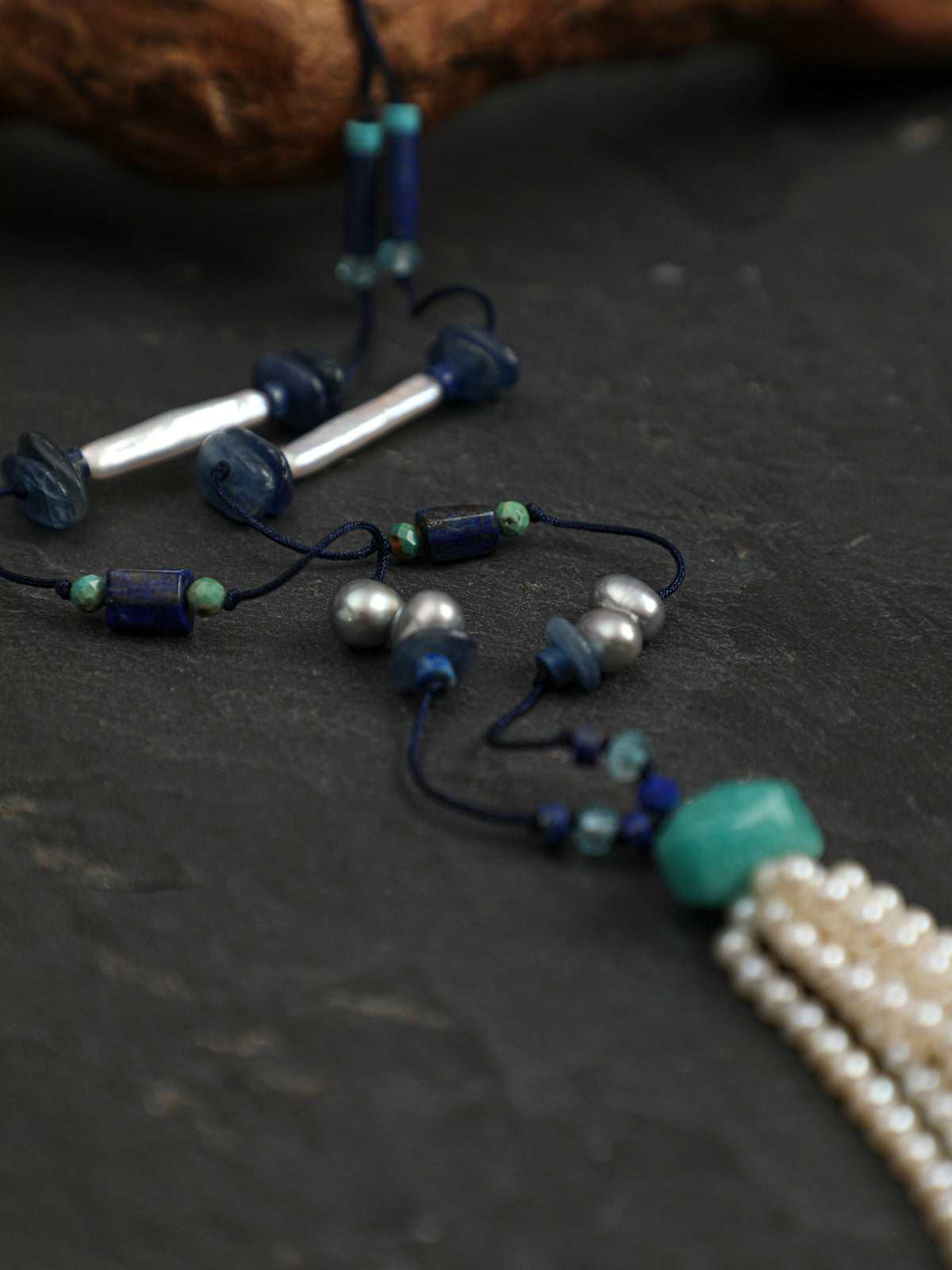 OMN013 Dark Blue Surge Pearl Tassel Necklace