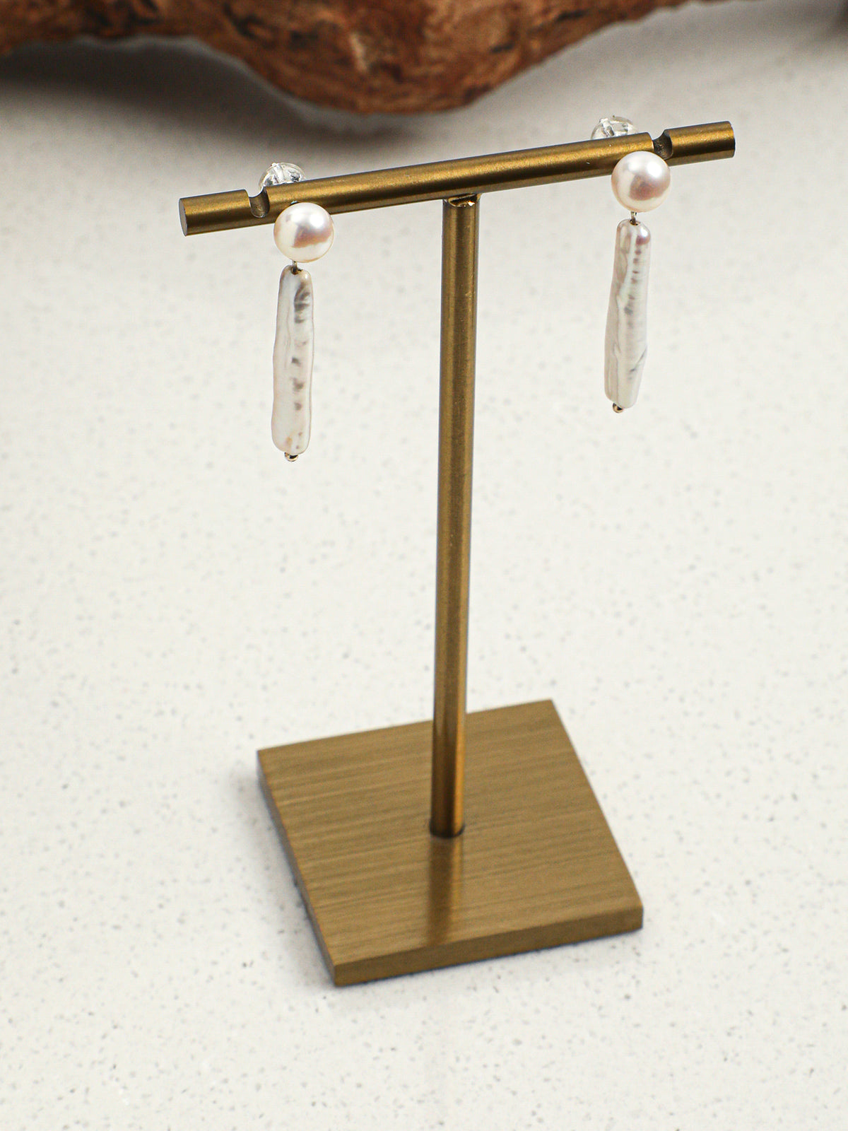 OME002 Round & Stick Baroque Pearl Dangle Earrings