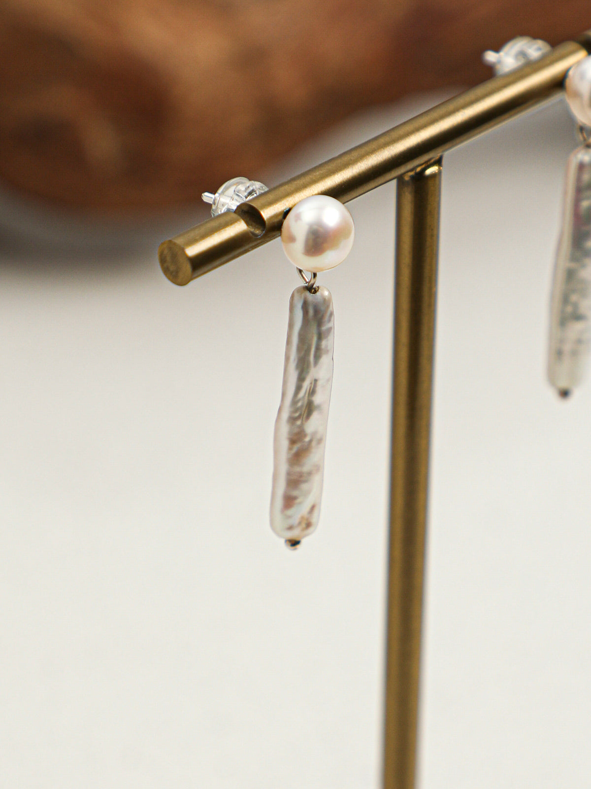 OME002 Round & Stick Baroque Pearl Dangle Earrings