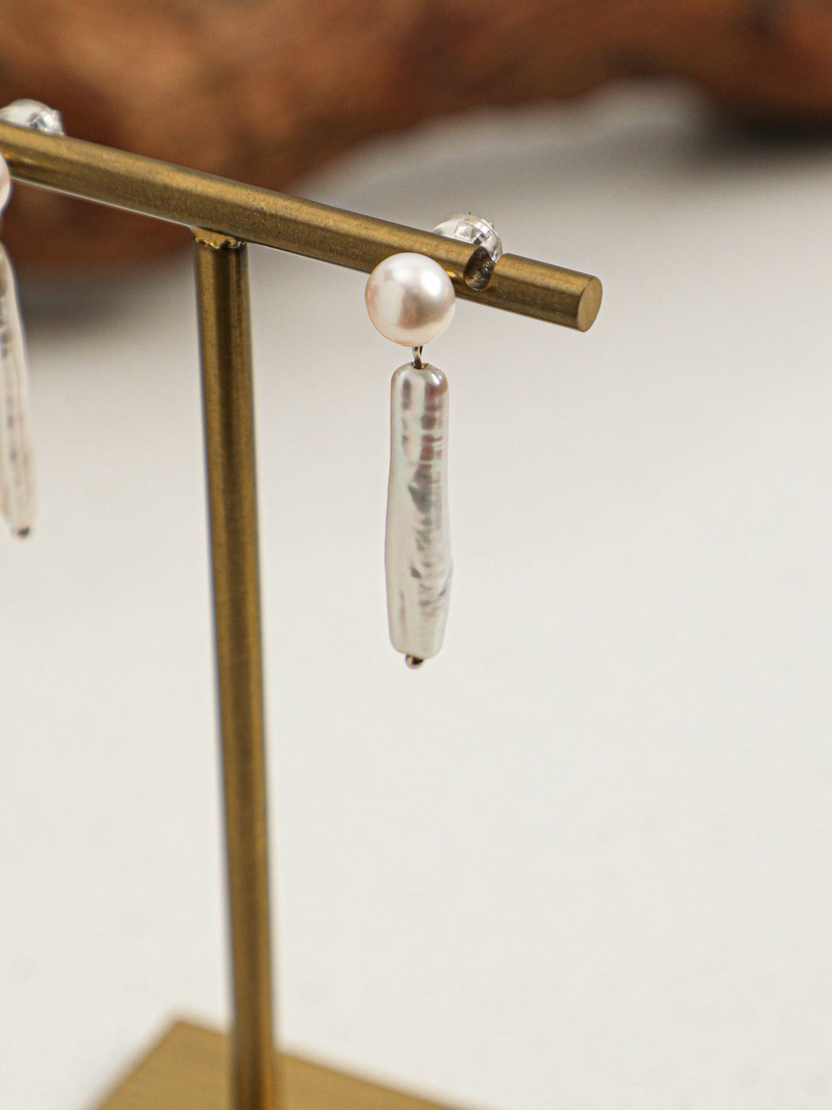 OME002 Round & Stick Baroque Pearl Dangle Earrings