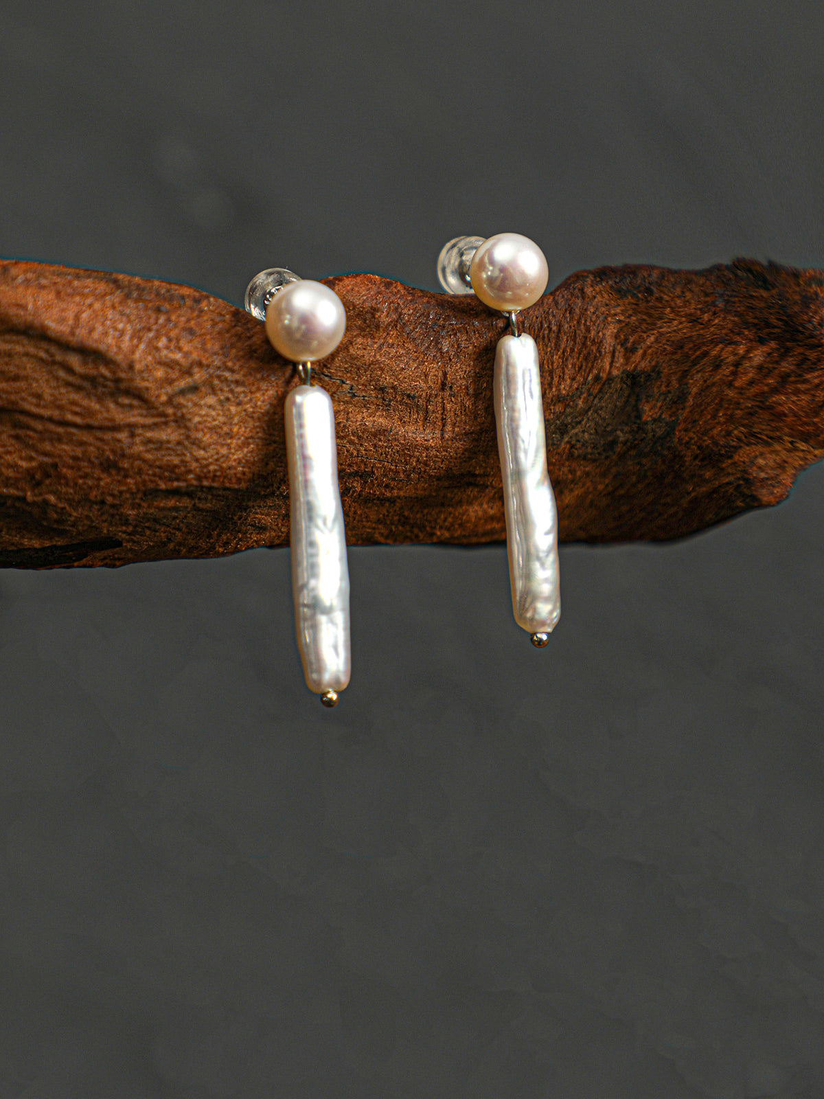 OME002 Round & Stick Baroque Pearl Dangle Earrings