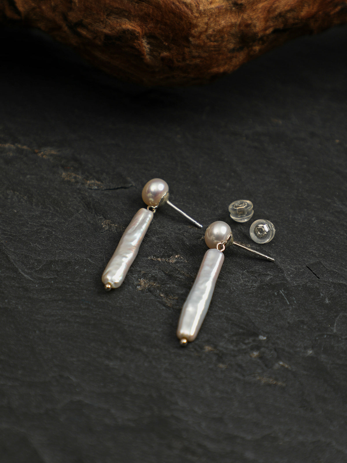 OME002 Round & Stick Baroque Pearl Dangle Earrings
