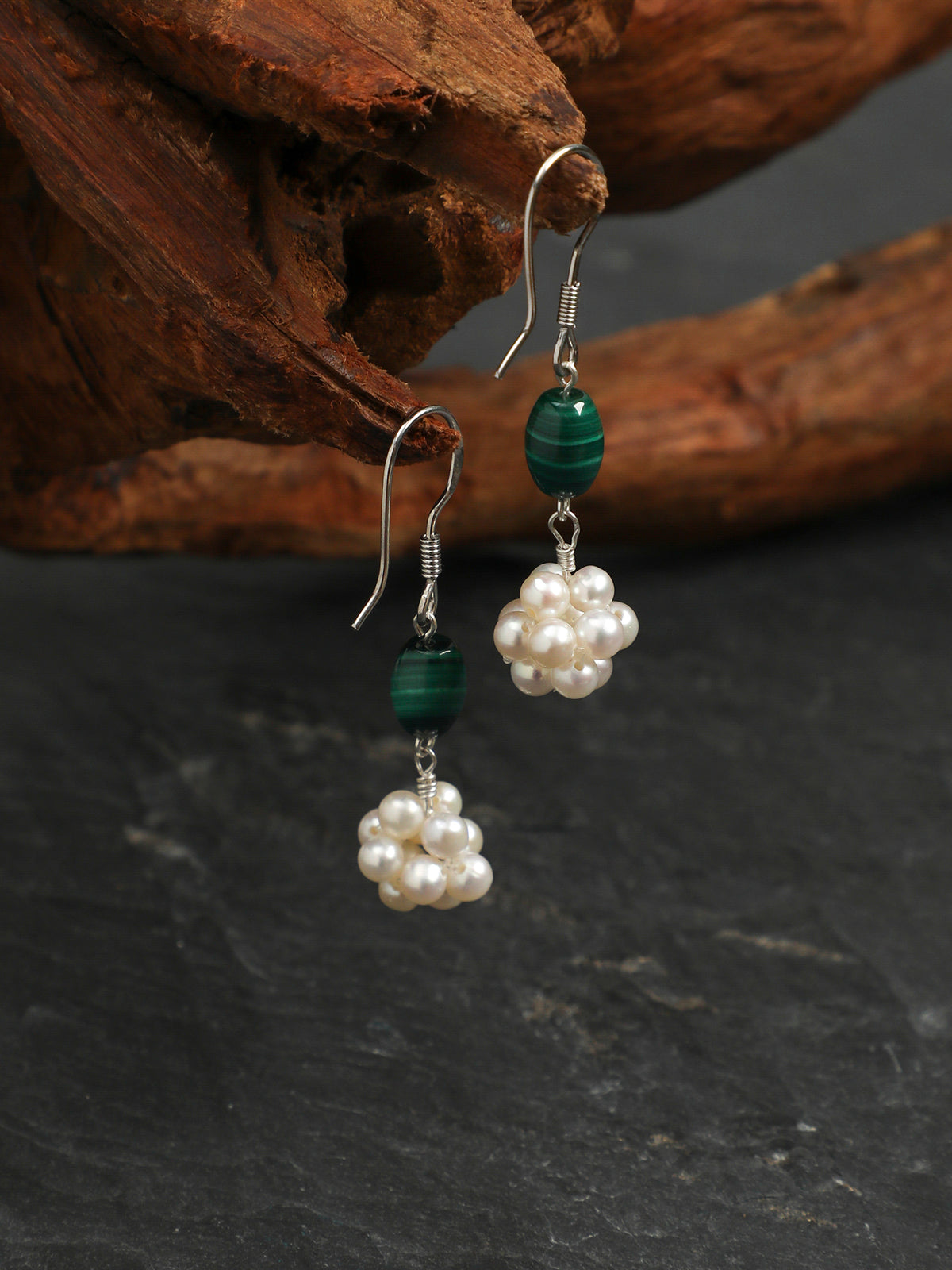OME004 Malachite Pearl Cluster Earrings