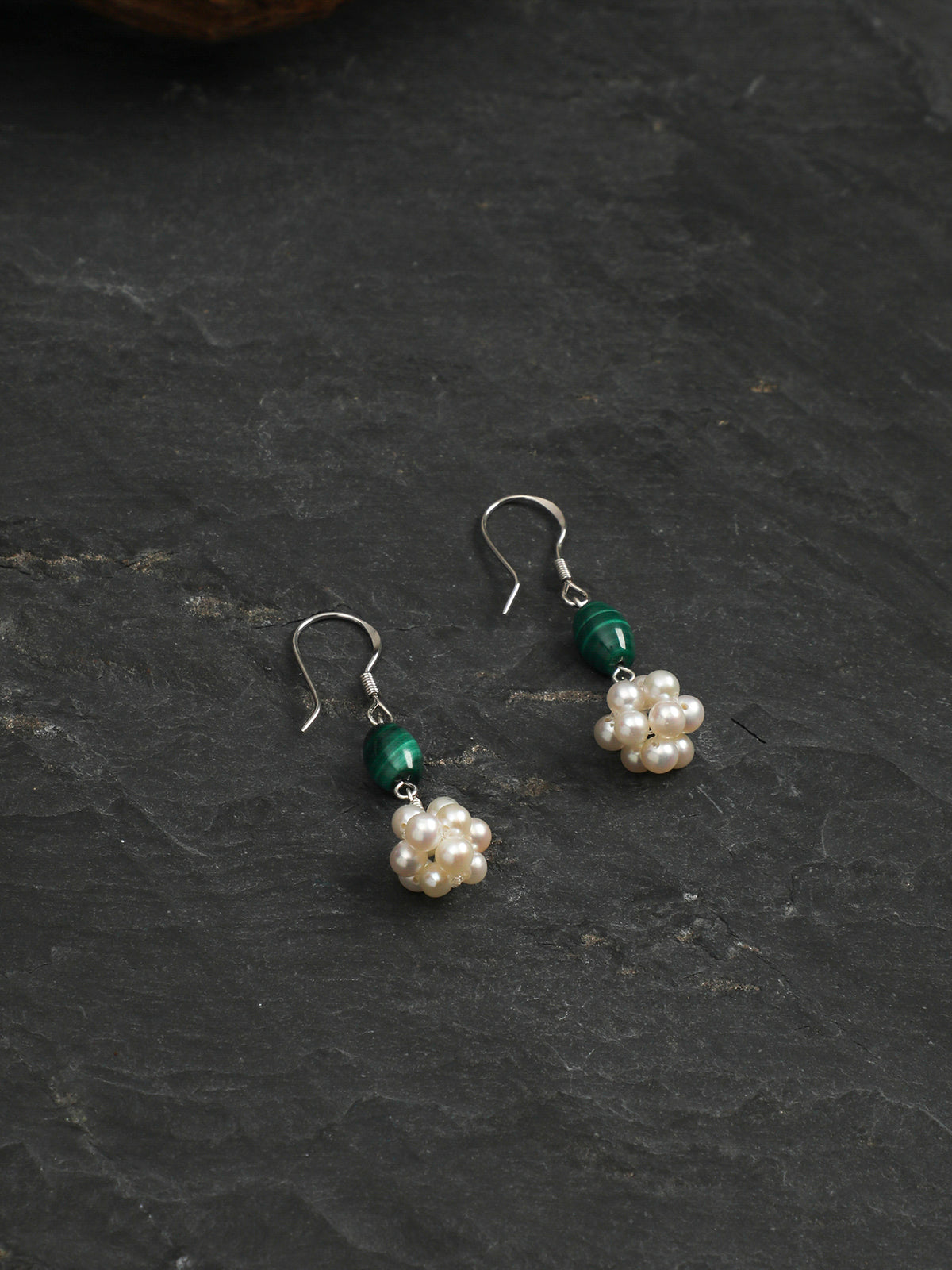 OME004 Malachite Pearl Cluster Earrings