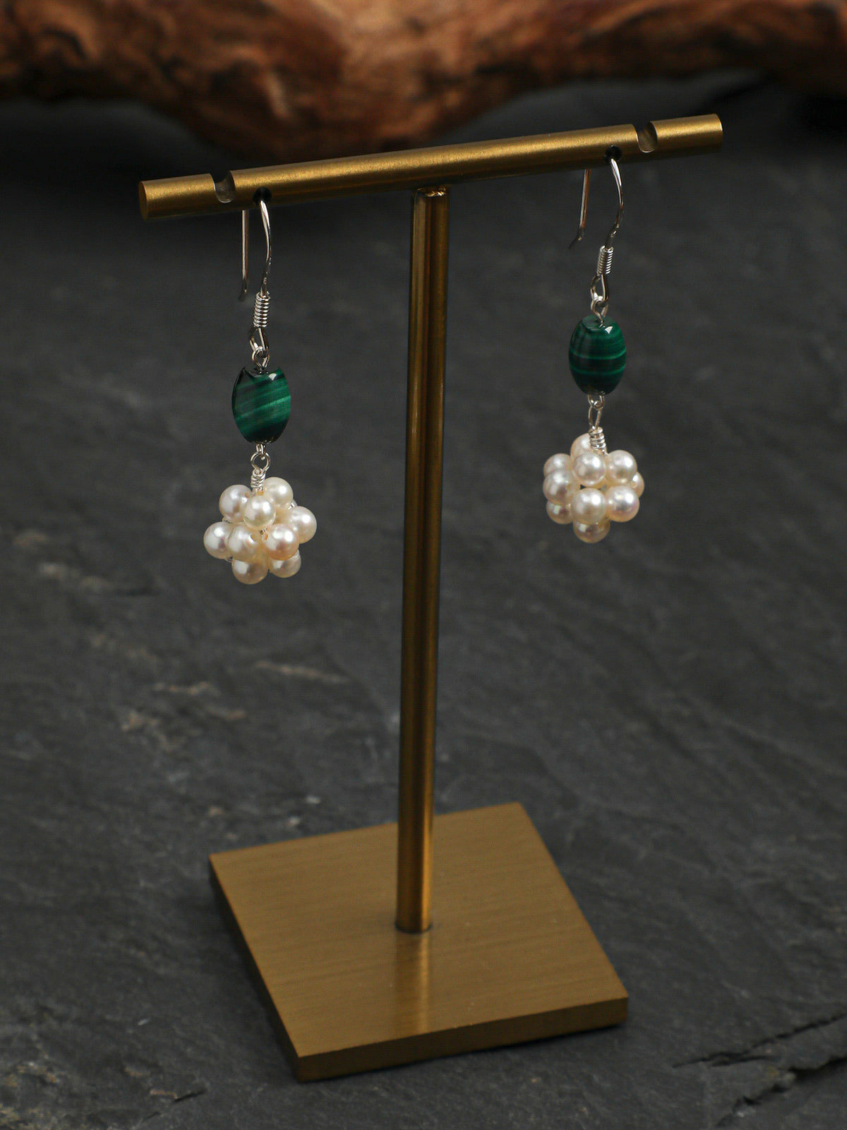 OME004 Malachite Pearl Cluster Earrings