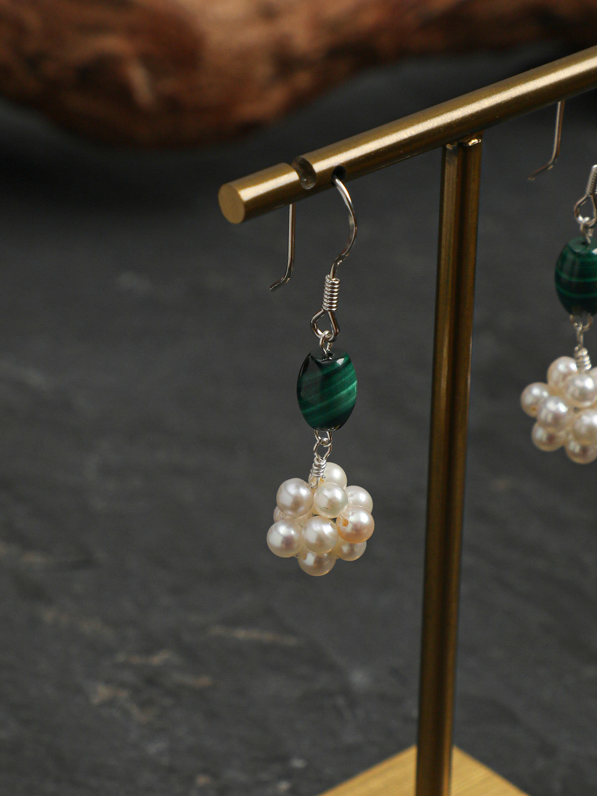 OME004 Malachite Pearl Cluster Earrings