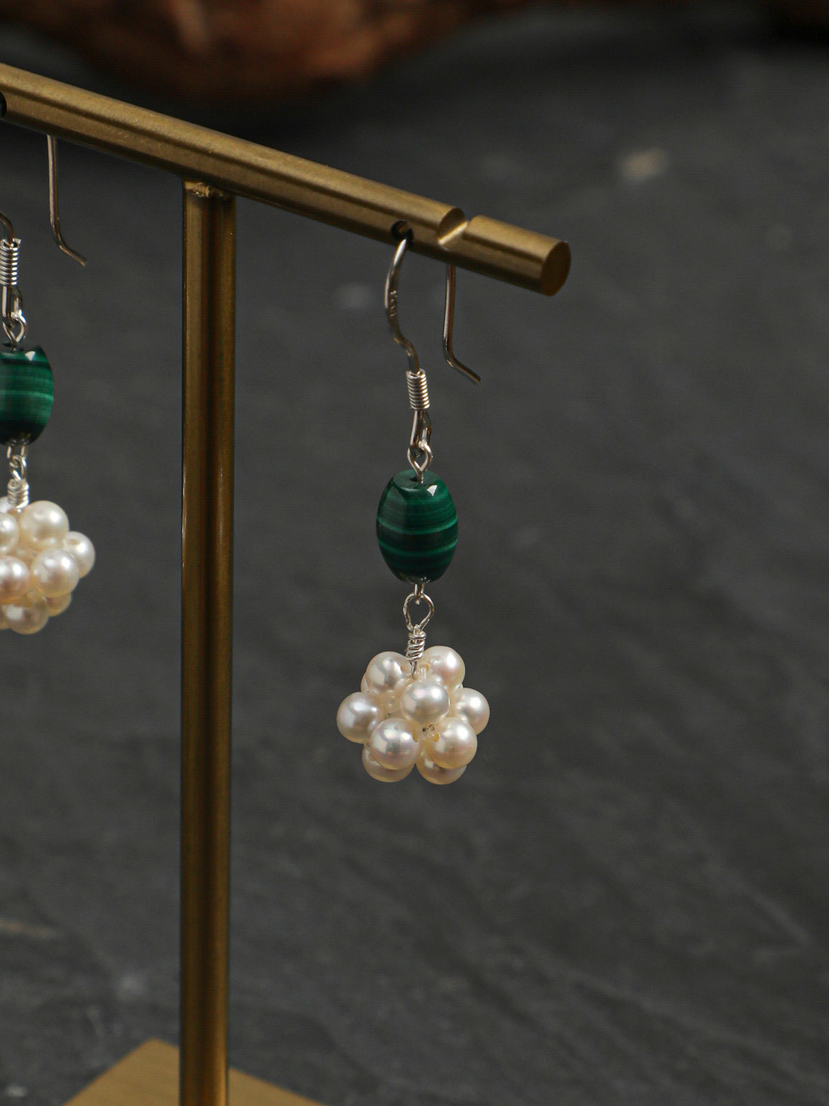 OME004 Malachite Pearl Cluster Earrings