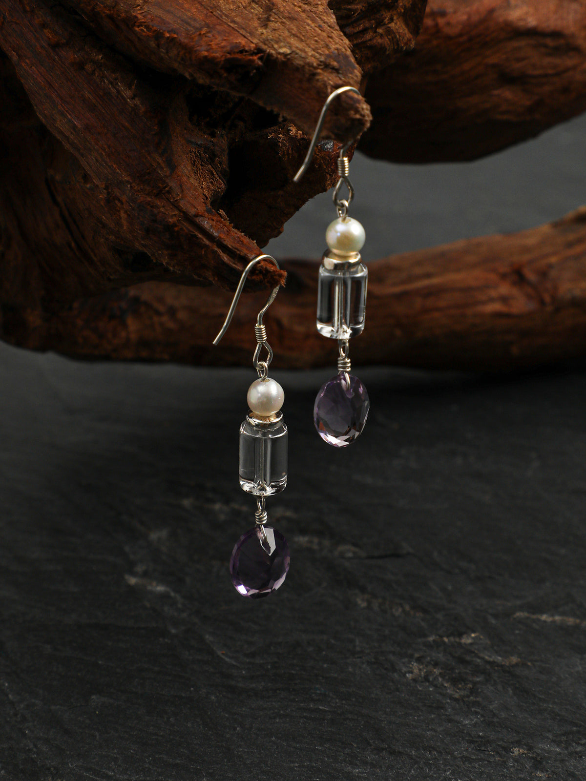 OME012 Clear Purple Quartz Pearl Dangle Earrings