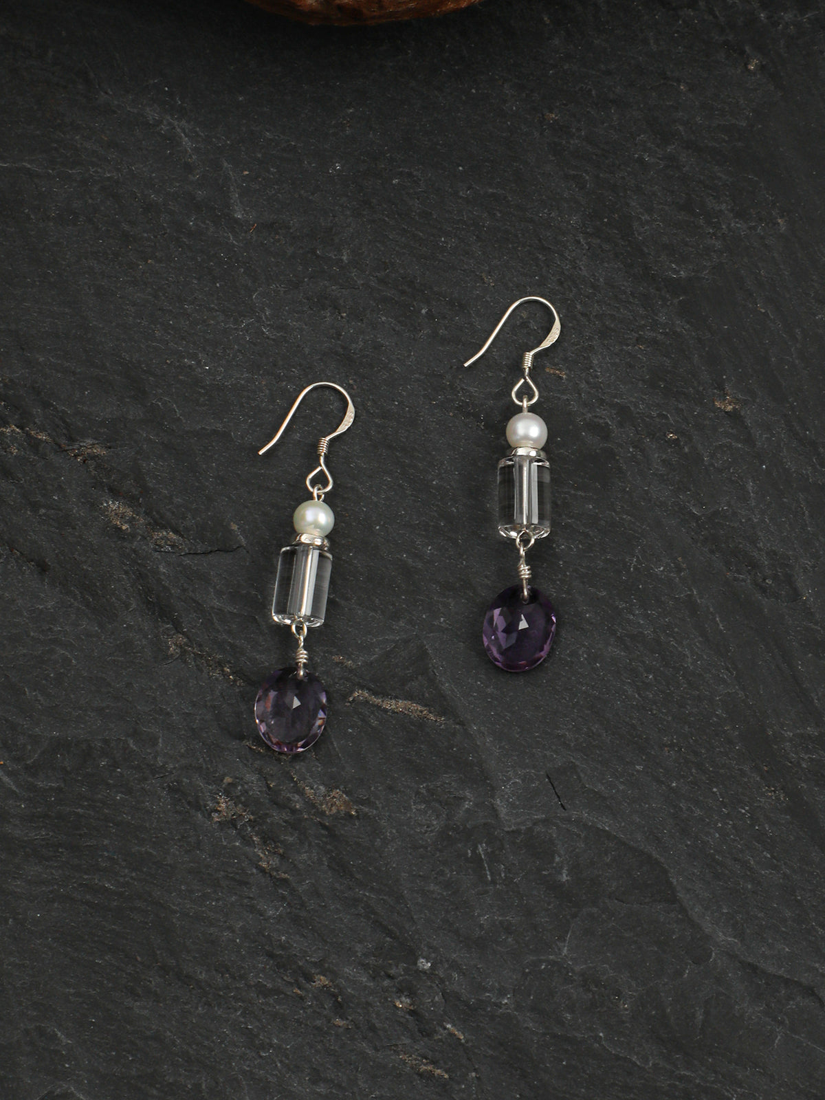 OME012 Clear Purple Quartz Pearl Dangle Earrings