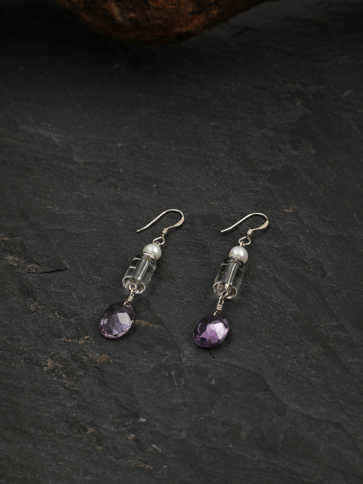 OME012 Clear Purple Quartz Pearl Dangle Earrings