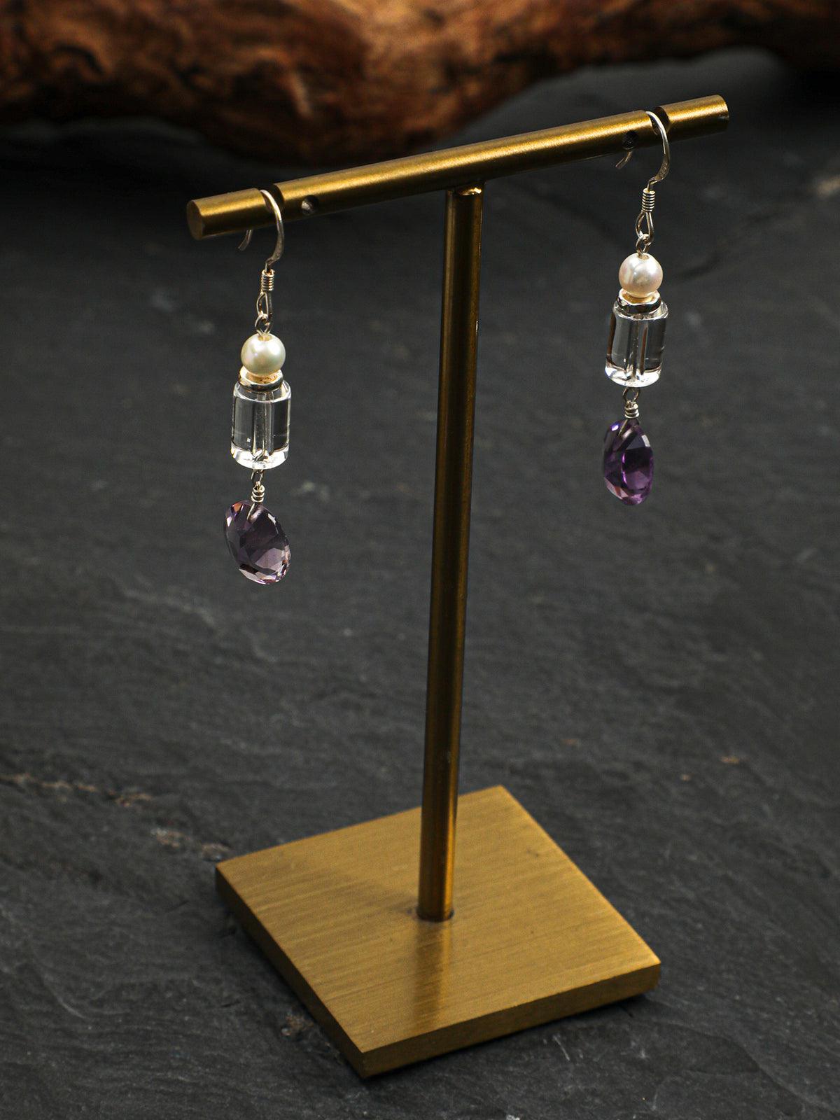 OME012 Clear Purple Quartz Pearl Dangle Earrings