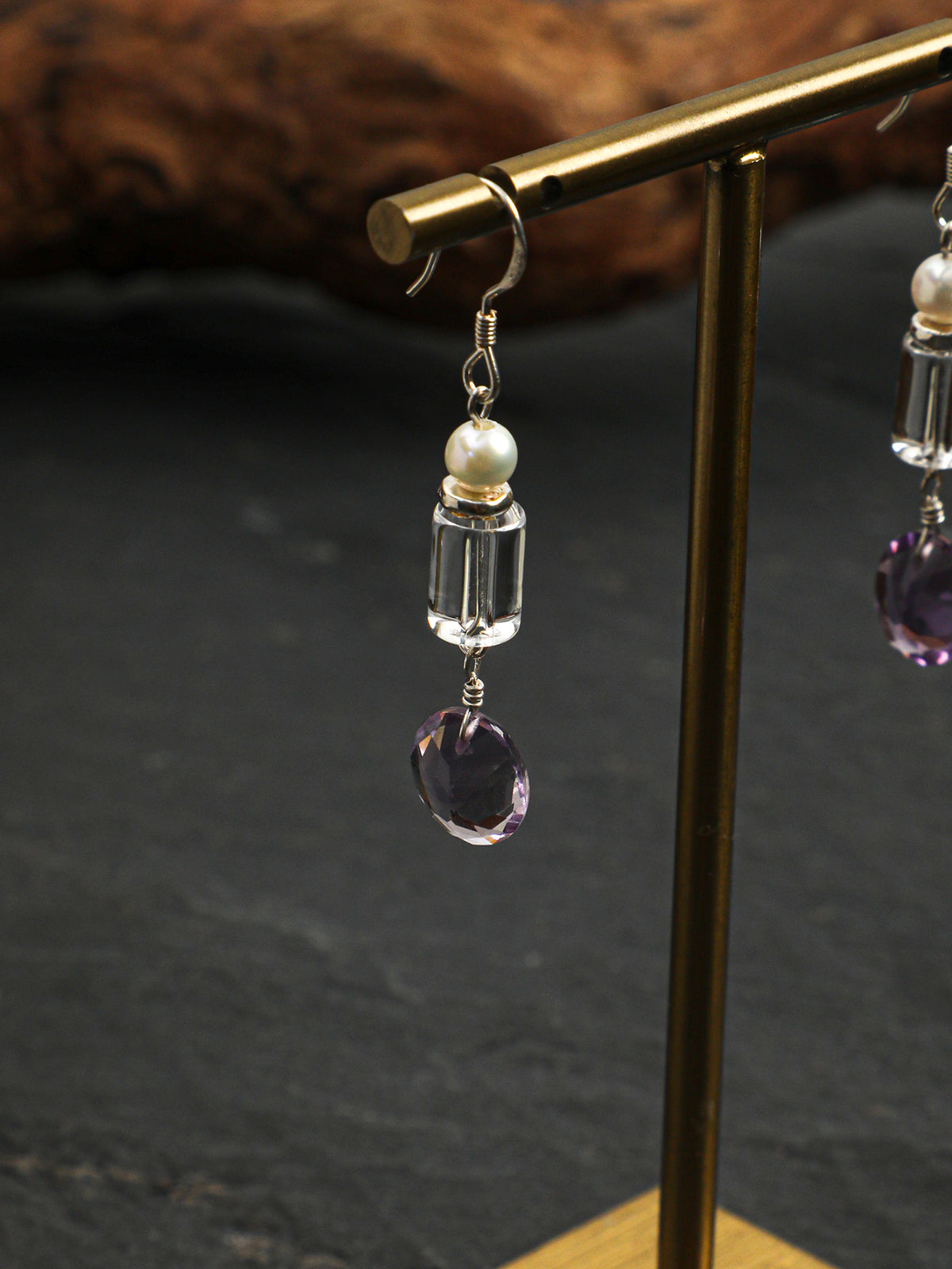 OME012 Clear Purple Quartz Pearl Dangle Earrings