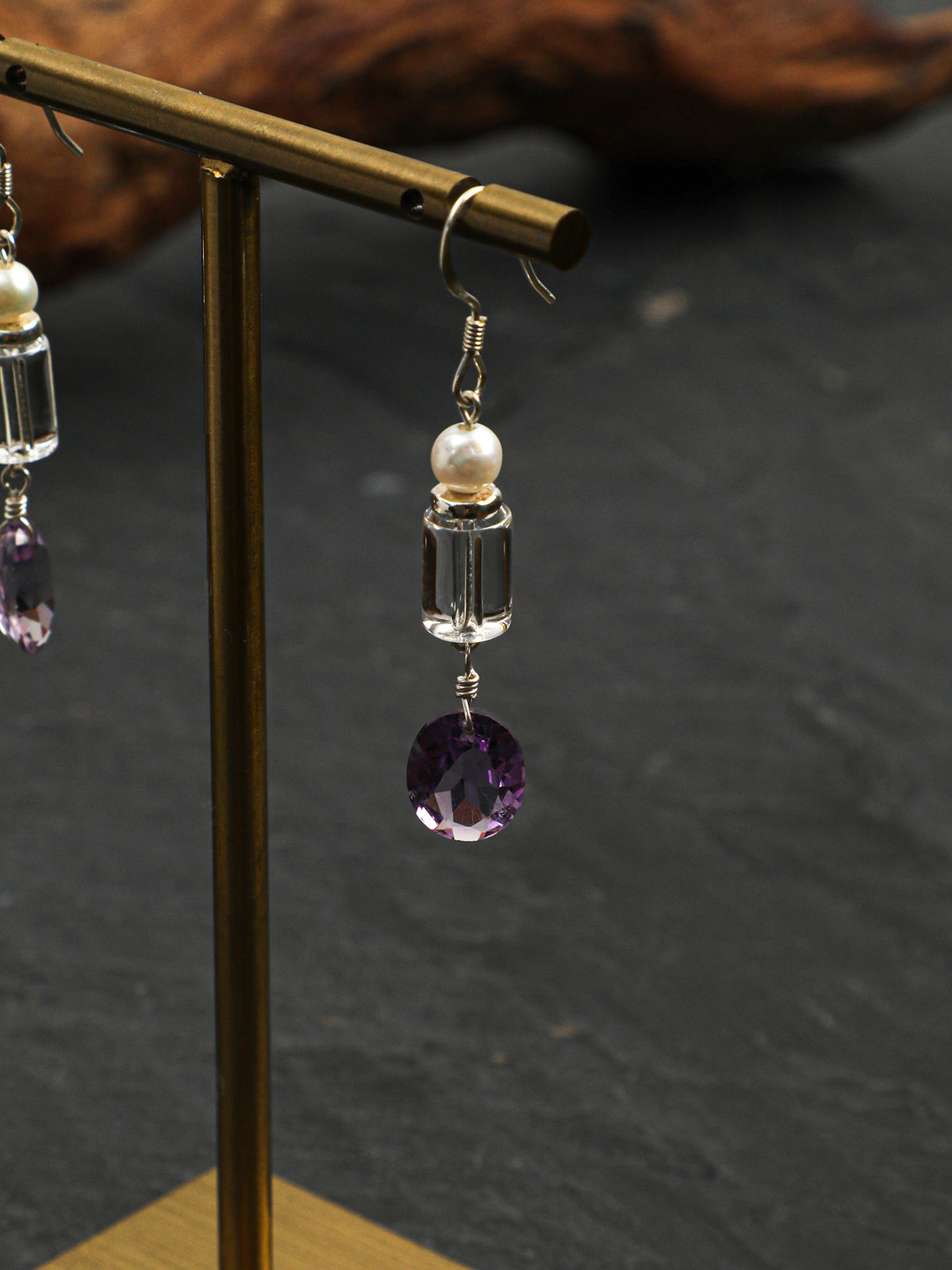 OME012 Clear Purple Quartz Pearl Dangle Earrings