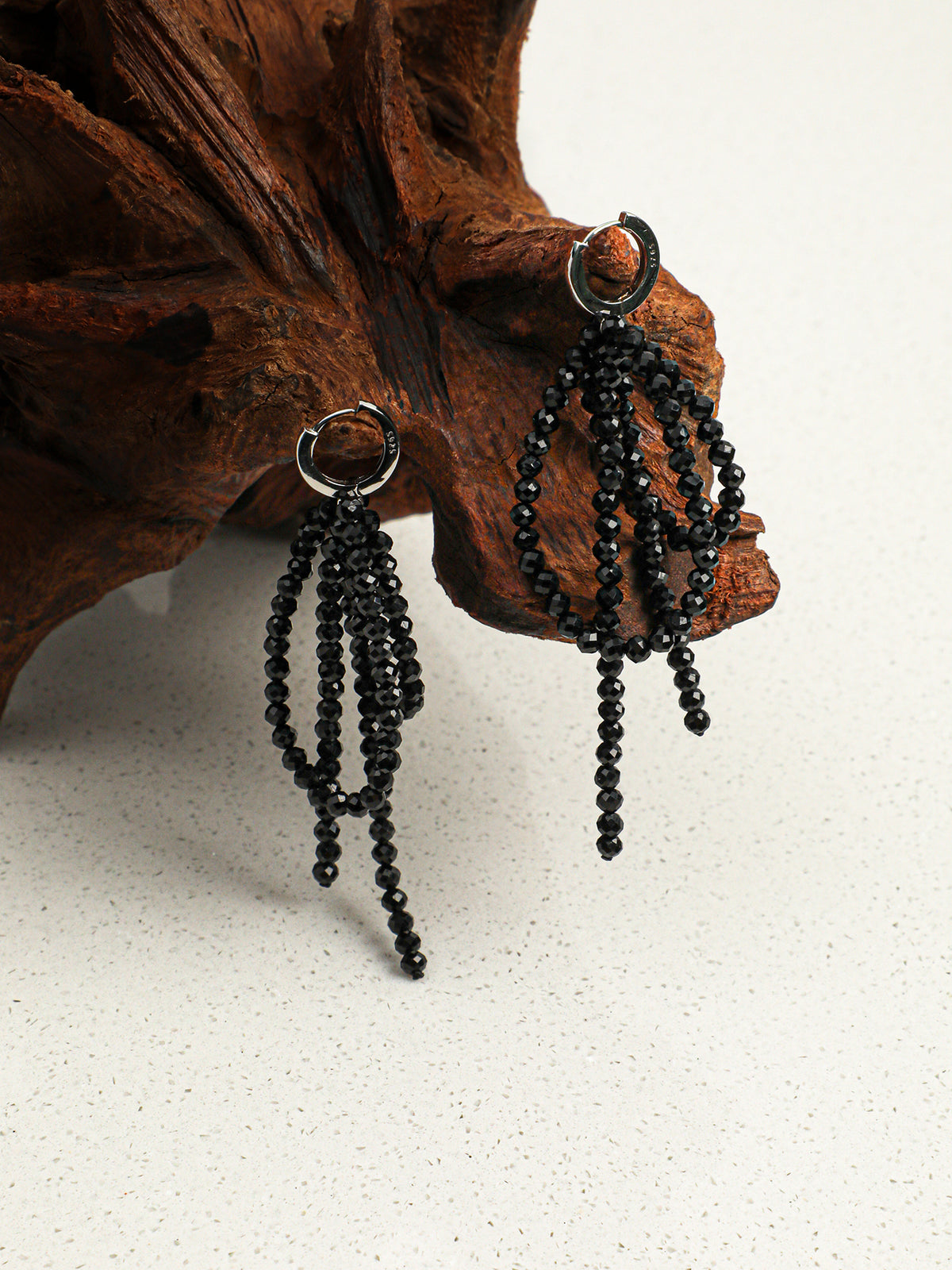 OME009 Black Tourmaline Beaded Fringe Huggie Dangle Earrings