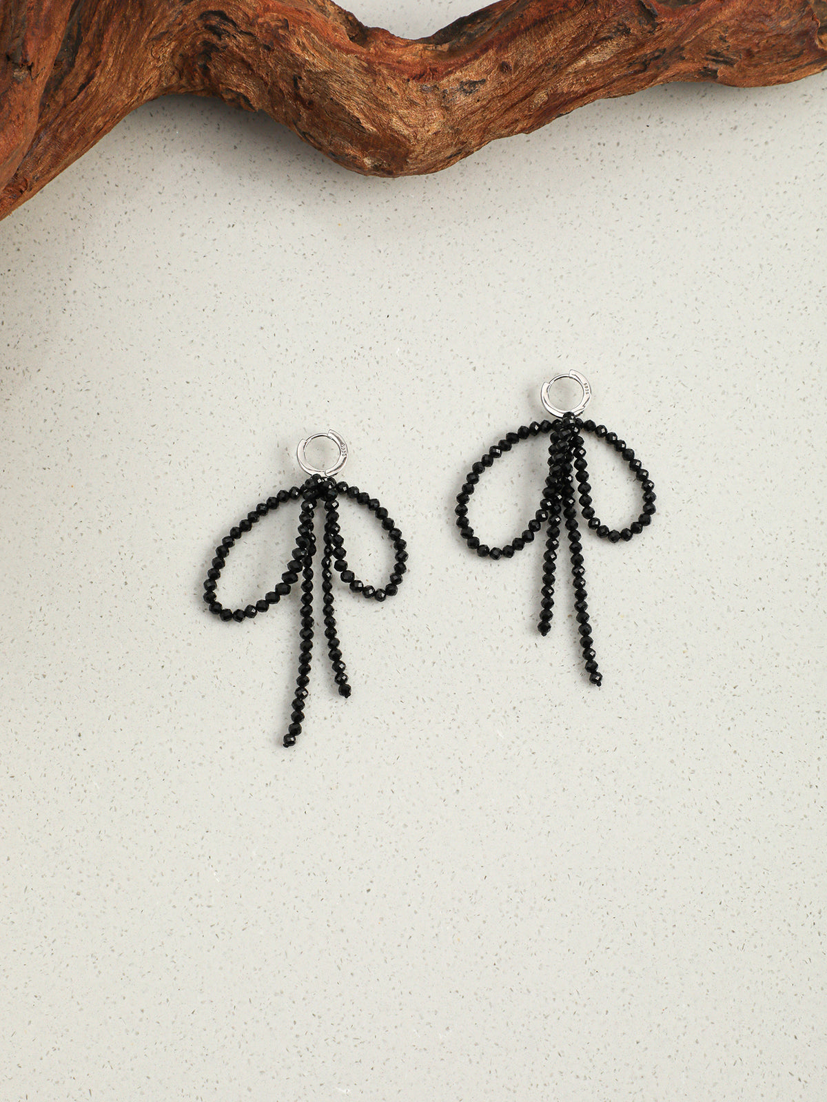 OME009 Black Tourmaline Beaded Fringe Huggie Dangle Earrings