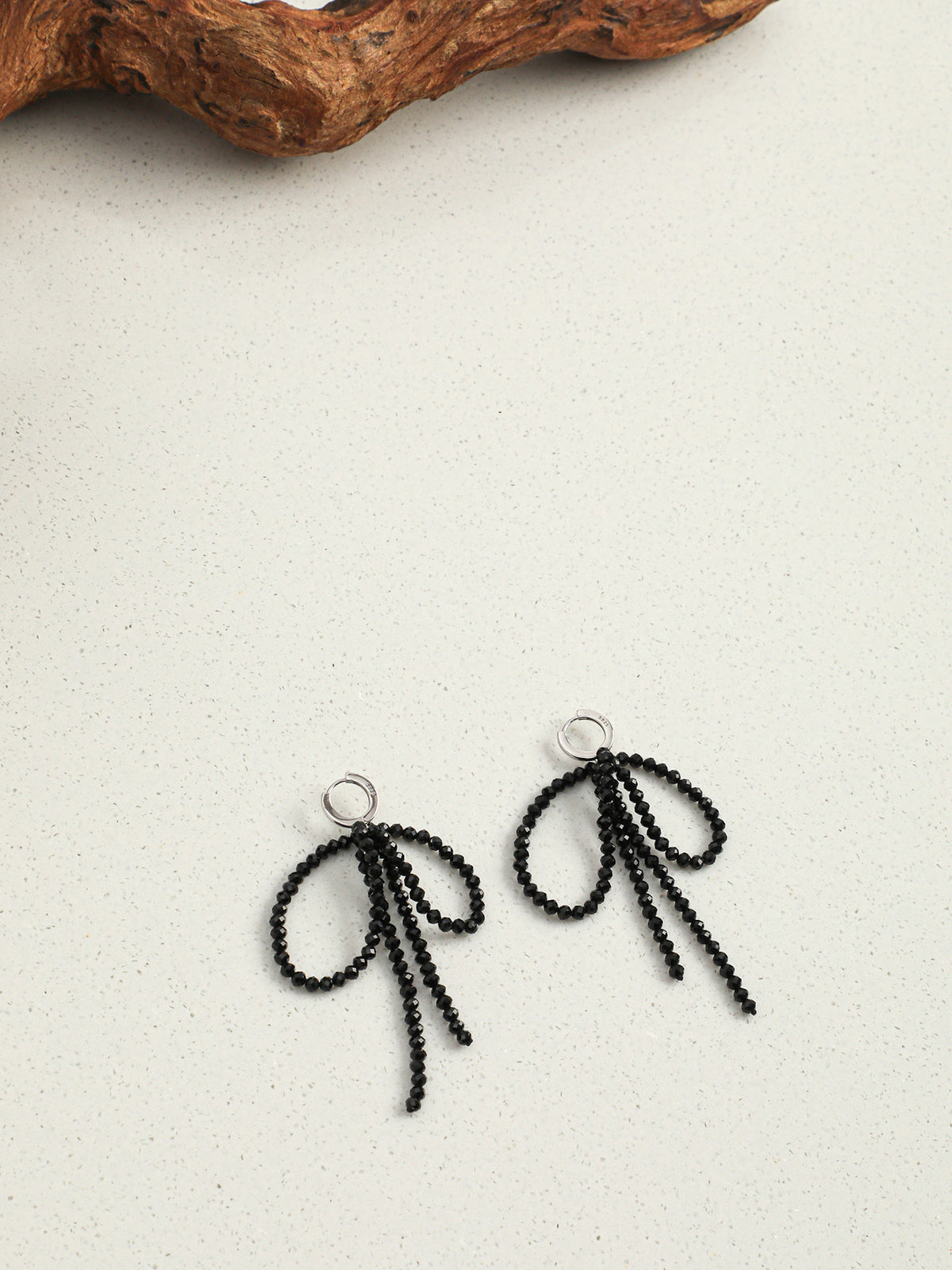 OME009 Black Tourmaline Beaded Fringe Huggie Dangle Earrings
