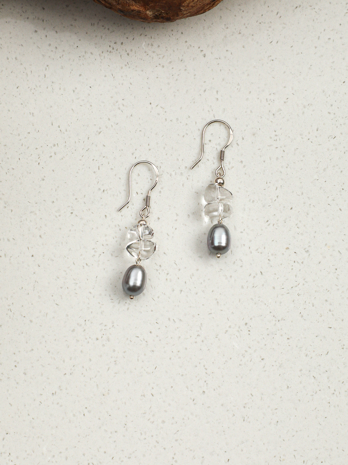 OME007 Clear Crystal Grey Pearl Earrings