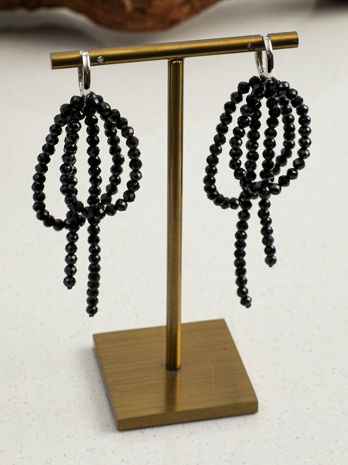 OME009 Black Tourmaline Beaded Fringe Huggie Dangle Earrings