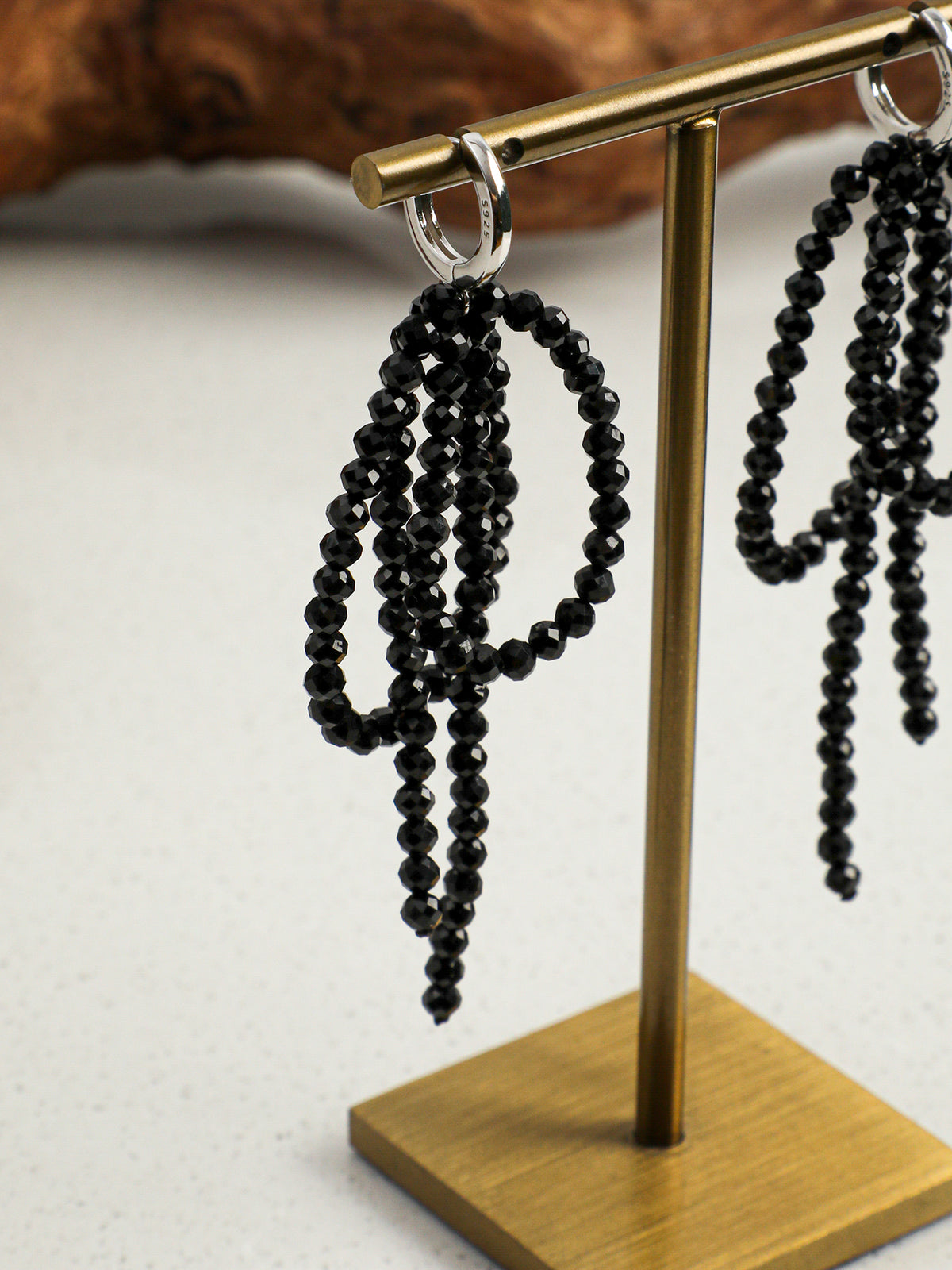OME009 Black Tourmaline Beaded Fringe Huggie Dangle Earrings