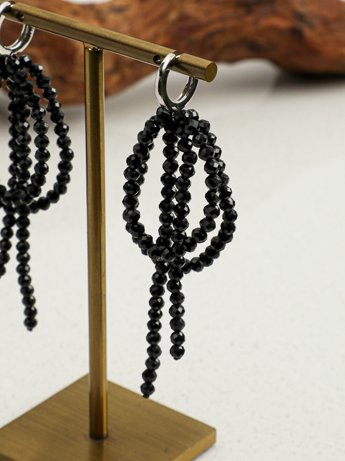 OME009 Black Tourmaline Beaded Fringe Huggie Dangle Earrings