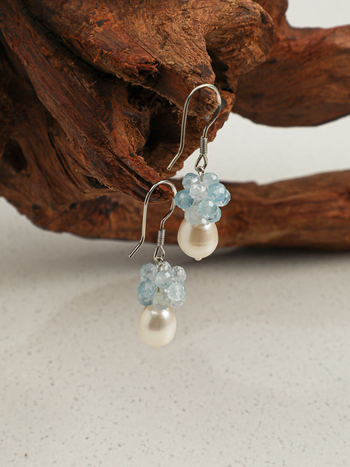 OME006 Aquamarine Cluster Pearl Drop Earrings