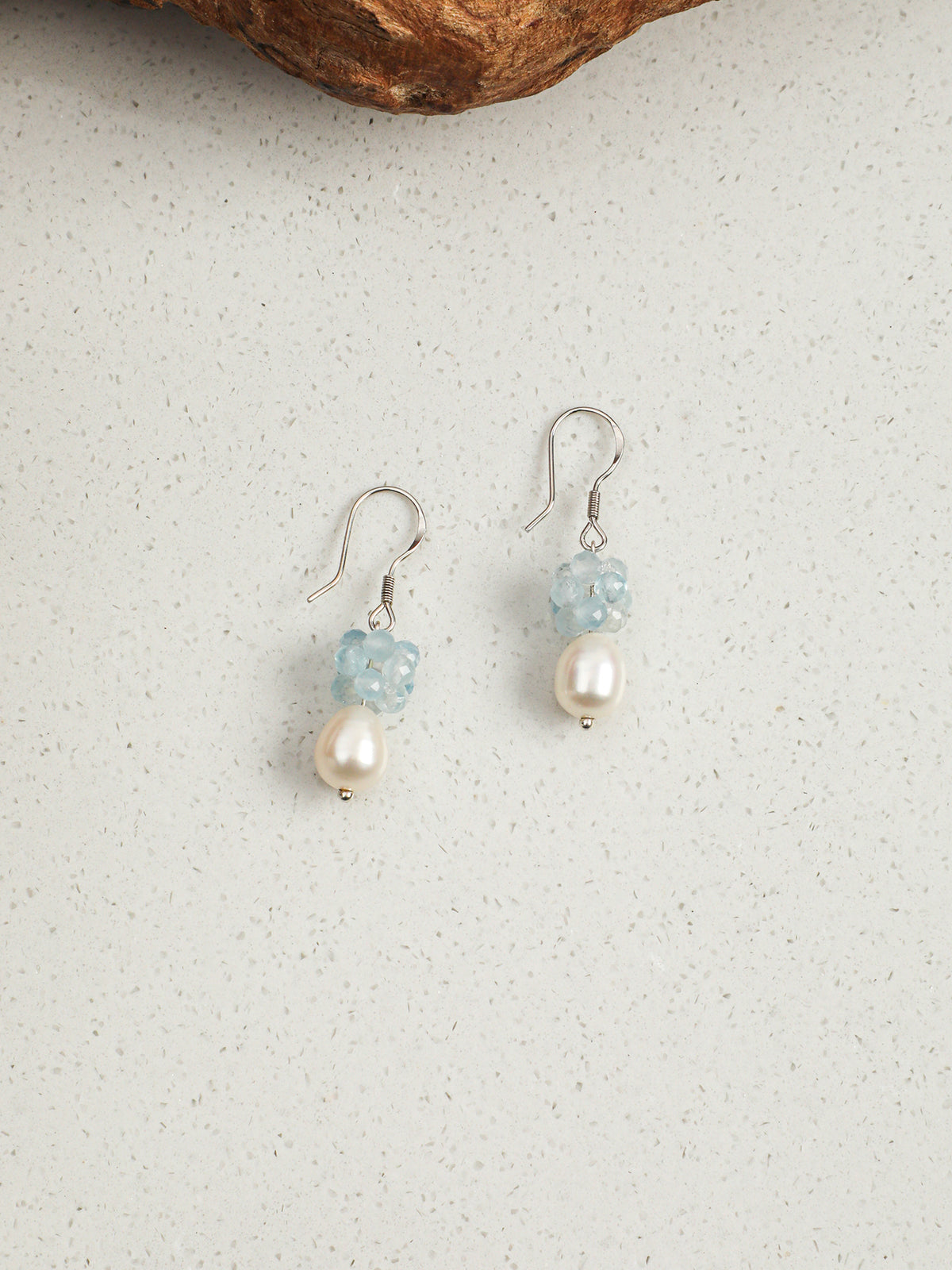OME006 Aquamarine Cluster Pearl Drop Earrings