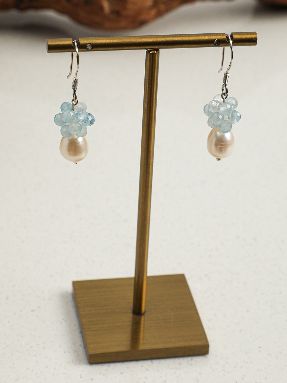 OME006 Aquamarine Cluster Pearl Drop Earrings