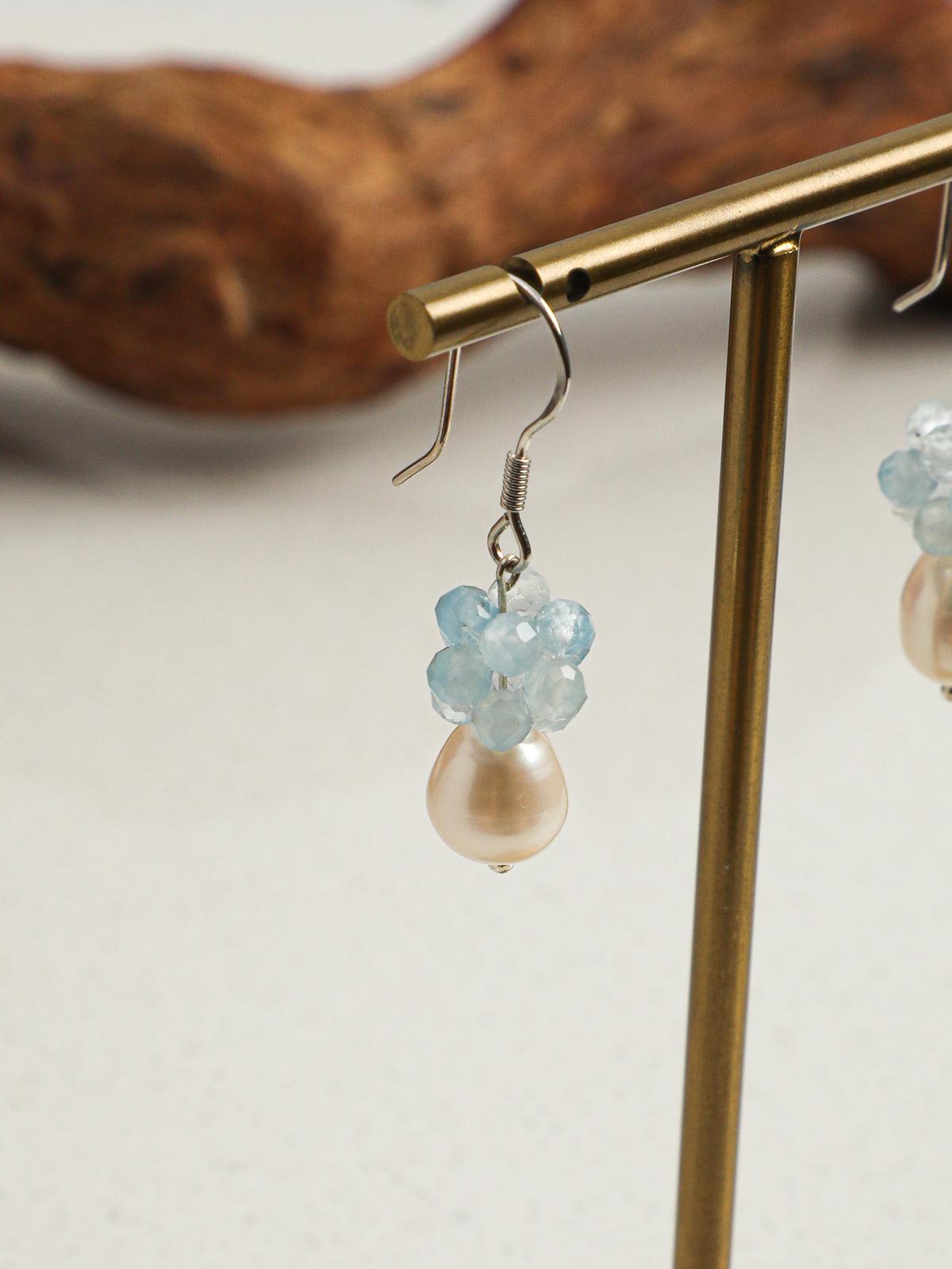 OME006 Aquamarine Cluster Pearl Drop Earrings