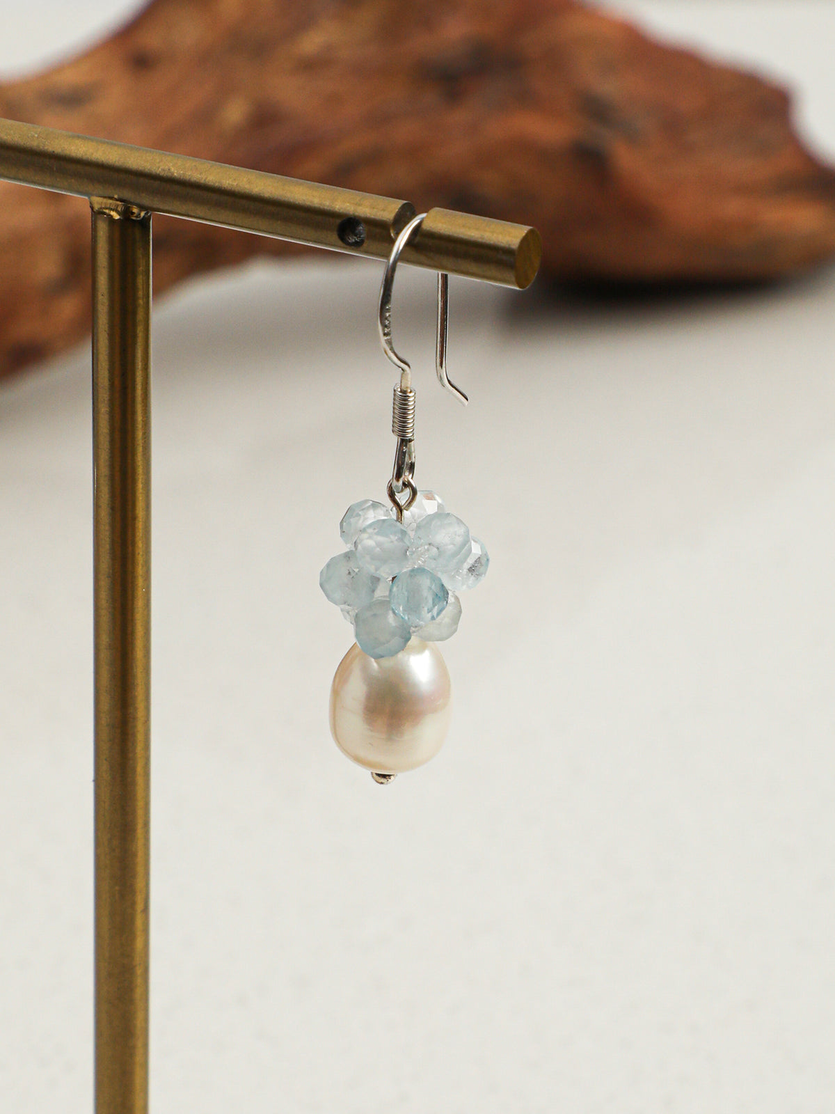 OME006 Aquamarine Cluster Pearl Drop Earrings