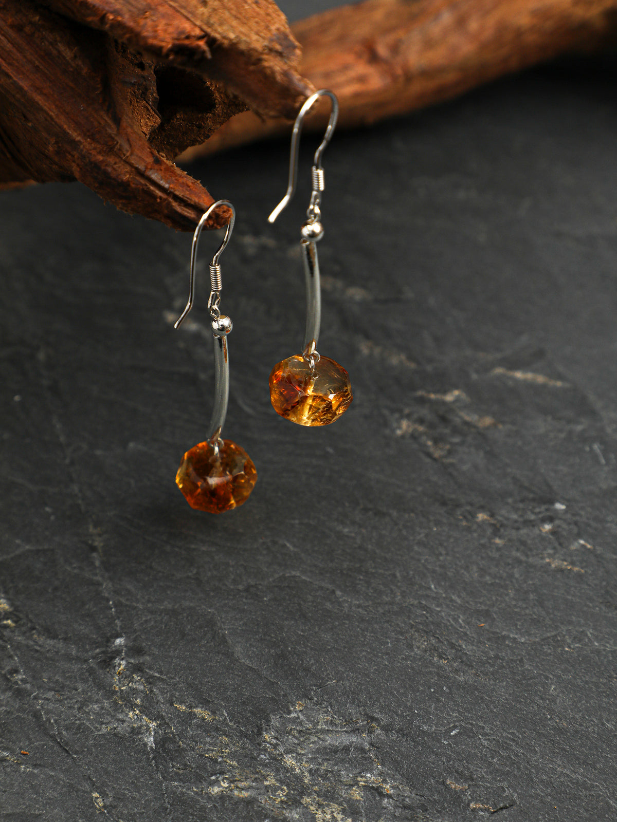 OME013 Citrine Curved Silver Bar Dangle Earrings