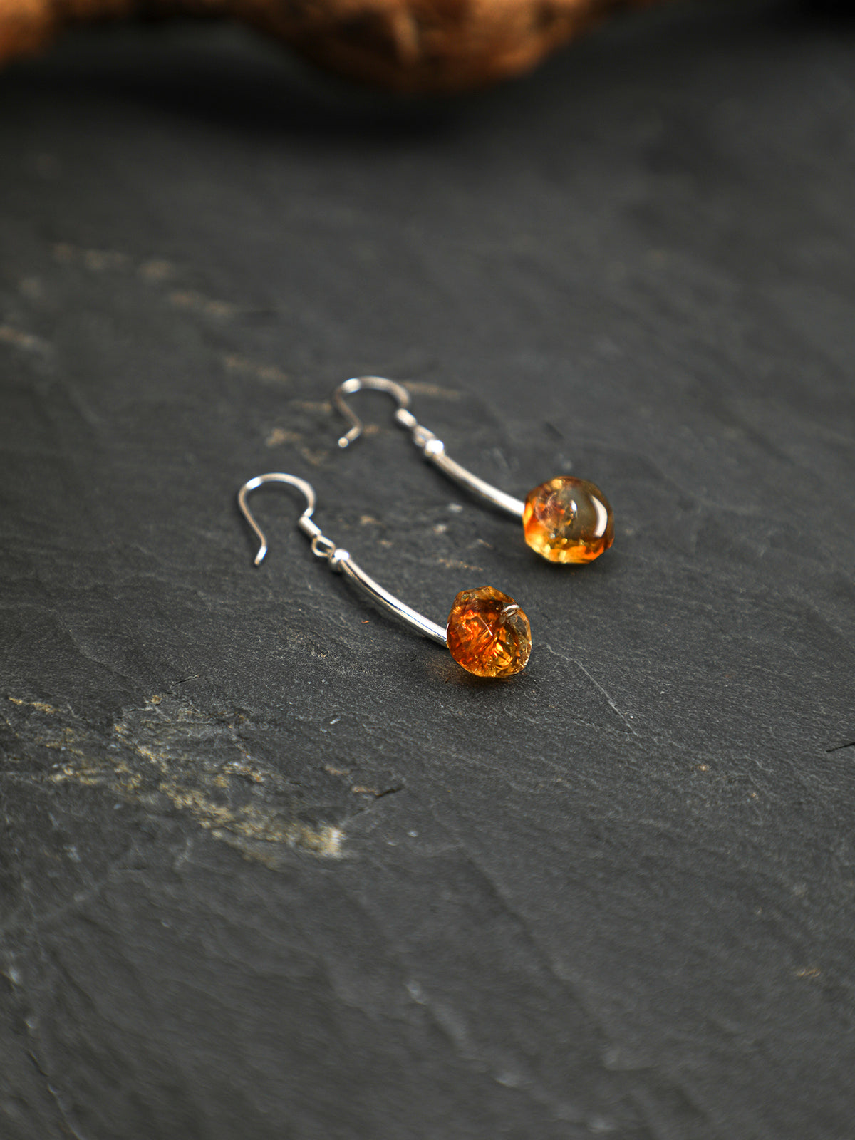 OME013 Citrine Curved Silver Bar Dangle Earrings