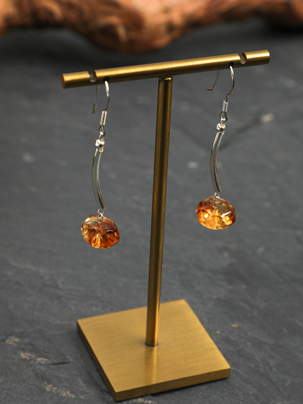 OME013 Citrine Curved Silver Bar Dangle Earrings