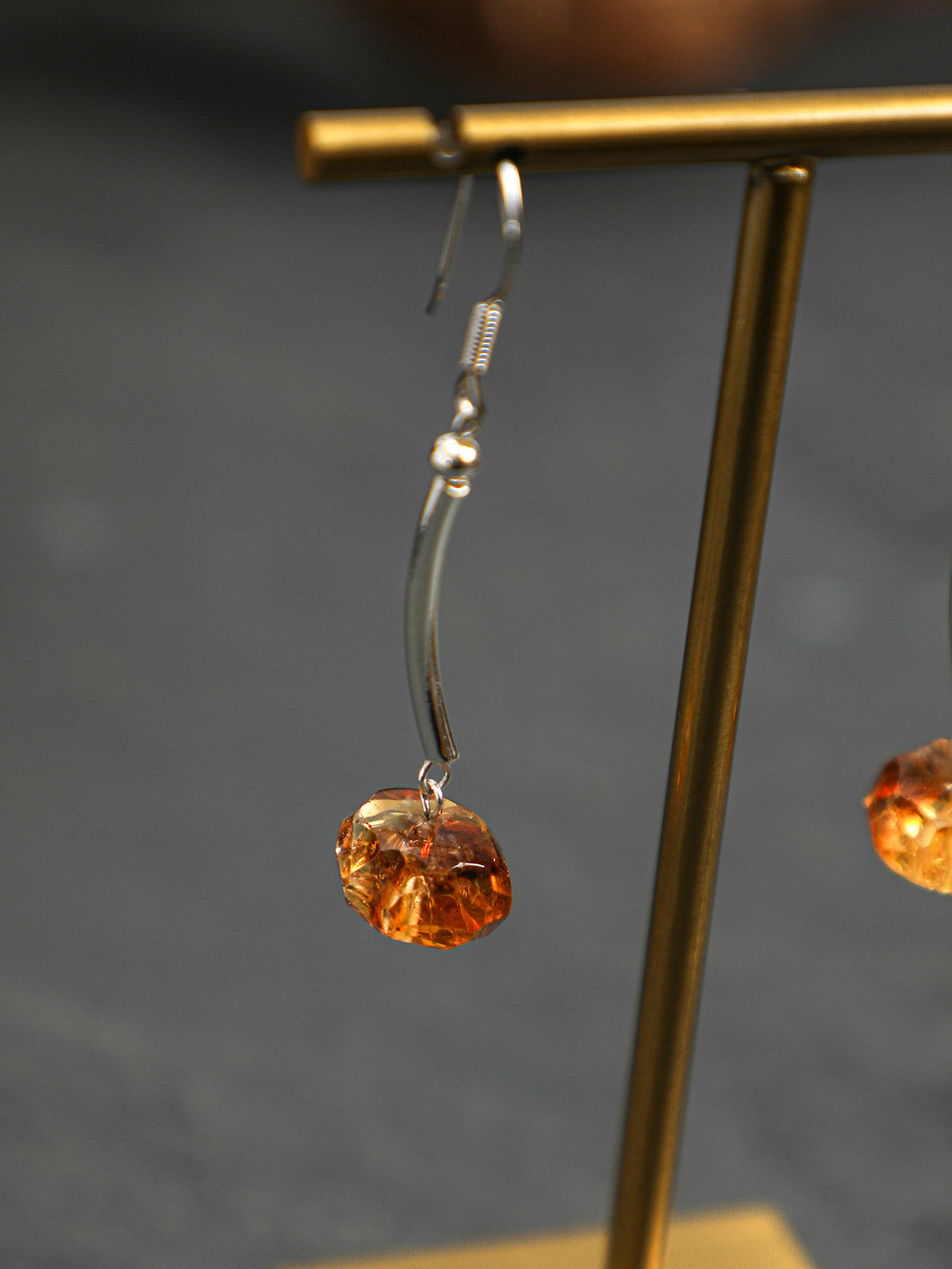 OME013 Citrine Curved Silver Bar Dangle Earrings