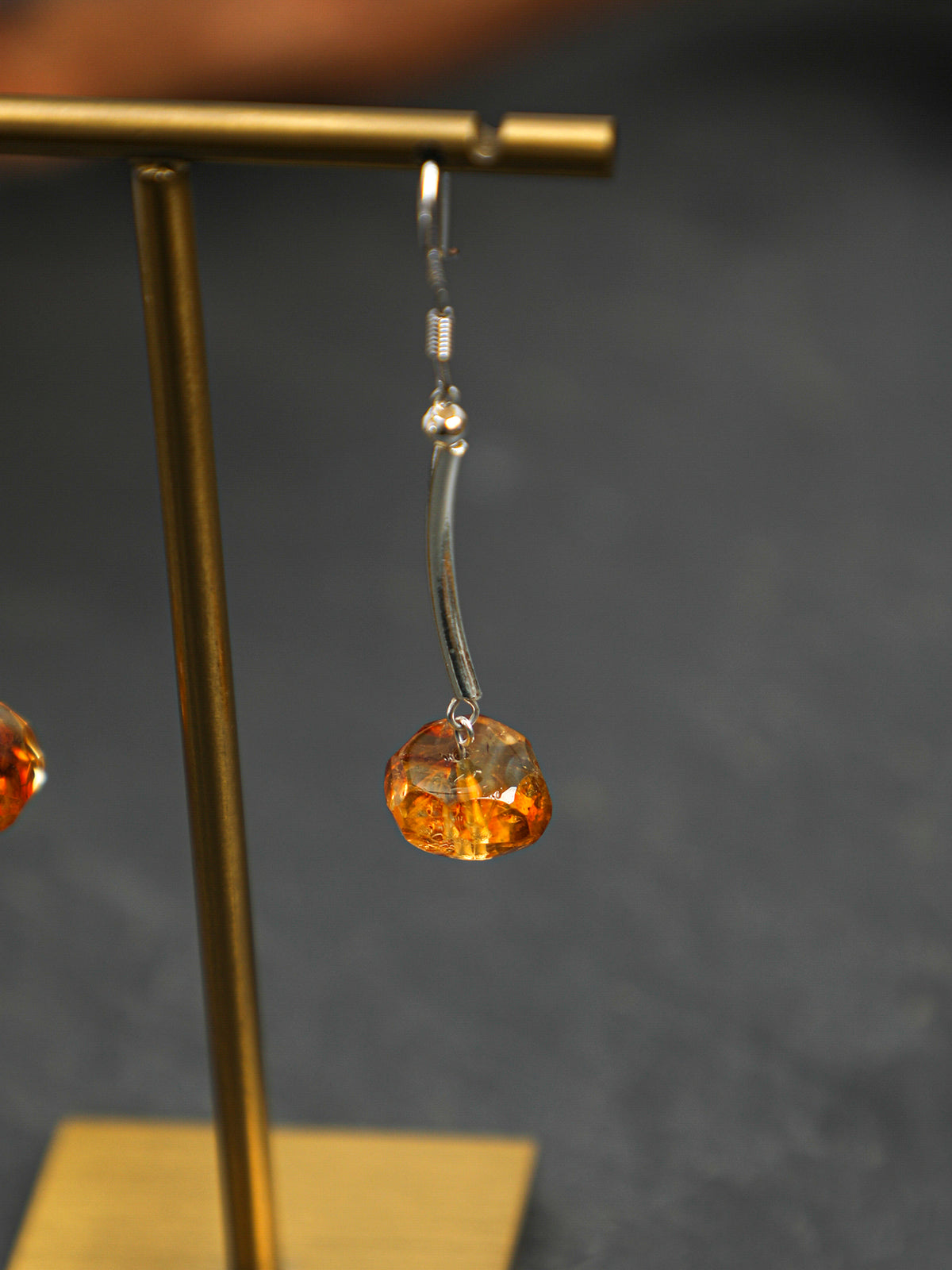 OME013 Citrine Curved Silver Bar Dangle Earrings